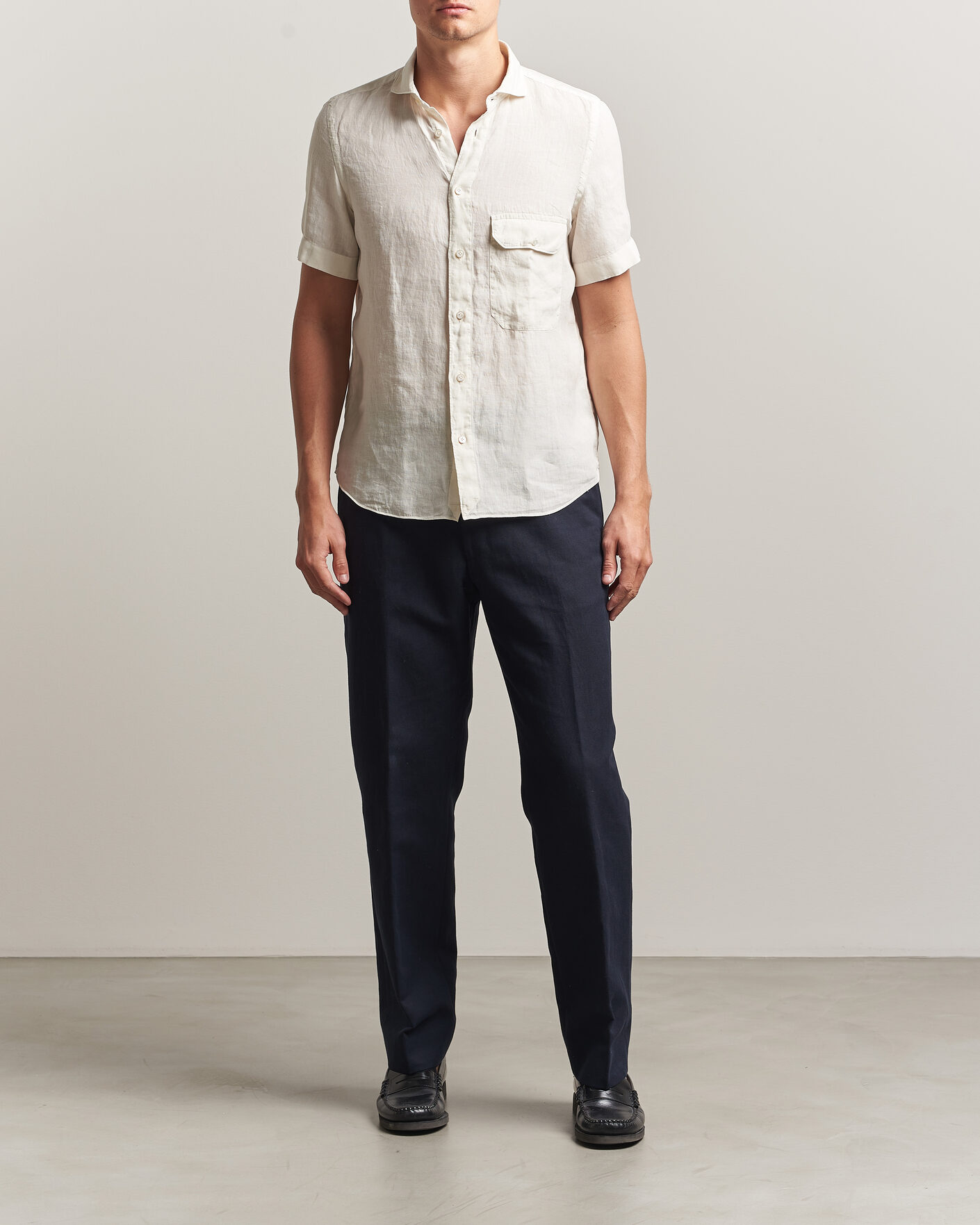 Mies | Kauluspaidat | Finamore Napoli | Linen Short Sleeve Sport Shirt Off White