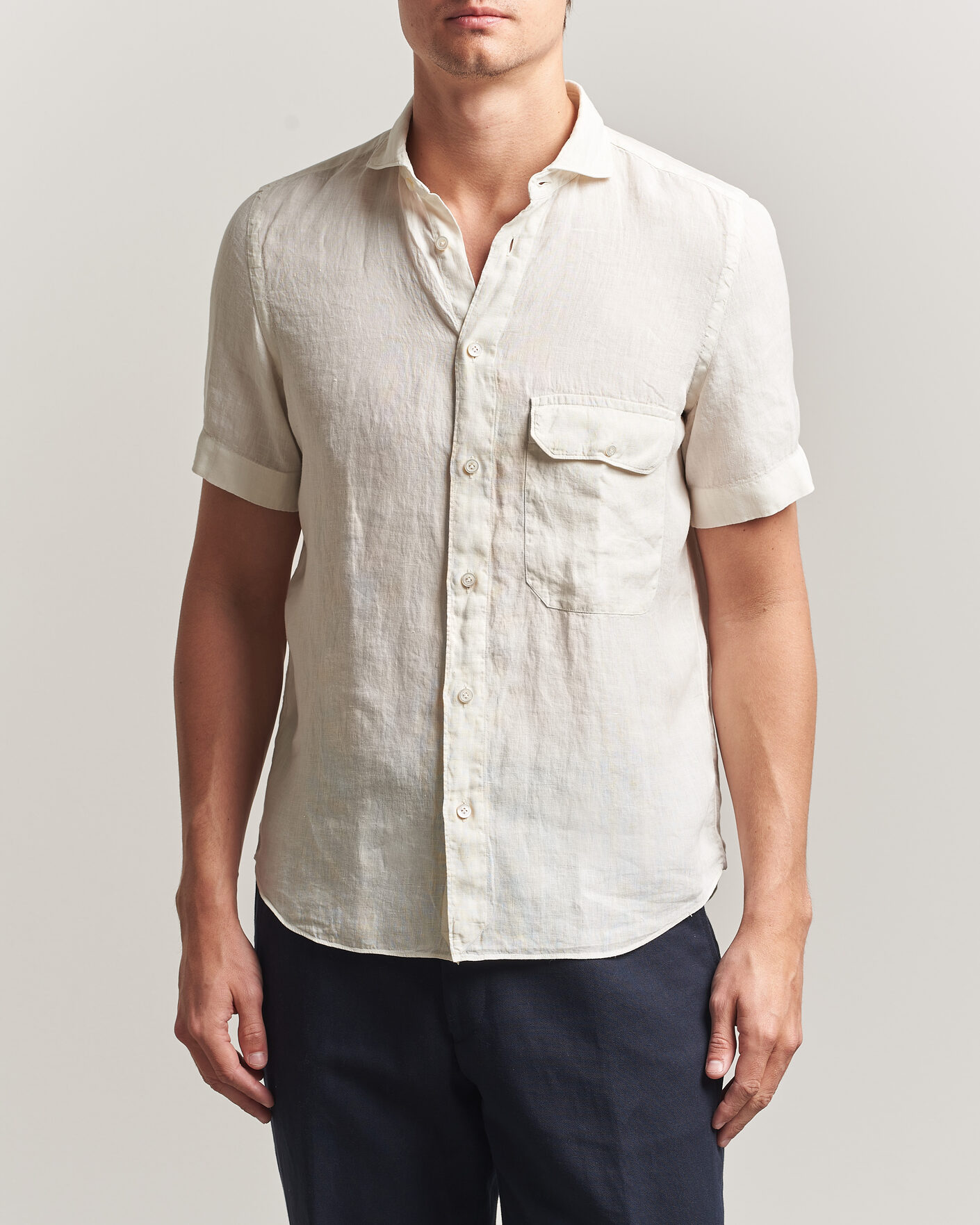 Mies | Kauluspaidat | Finamore Napoli | Linen Short Sleeve Sport Shirt Off White