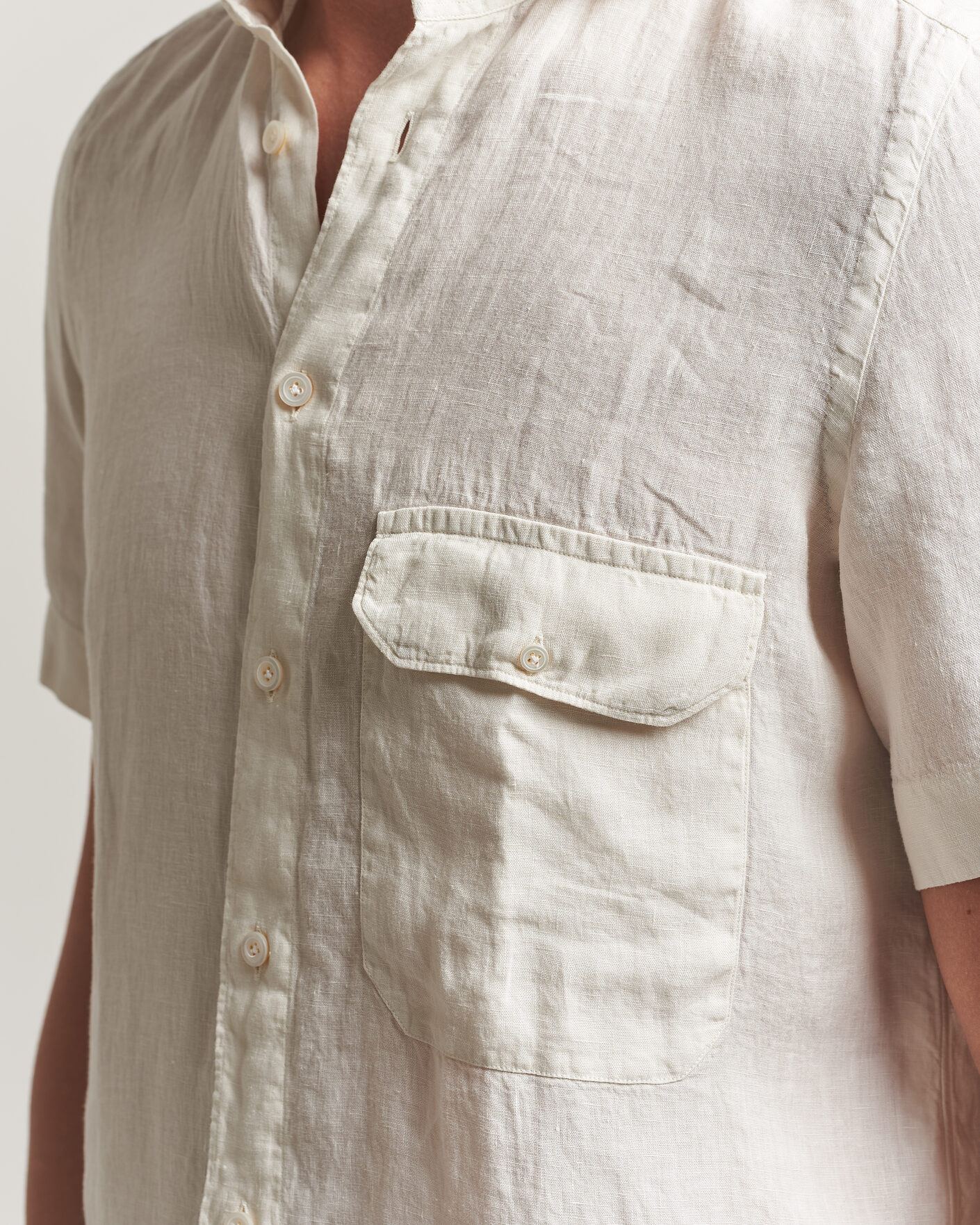 Mies | Kauluspaidat | Finamore Napoli | Linen Short Sleeve Sport Shirt Off White