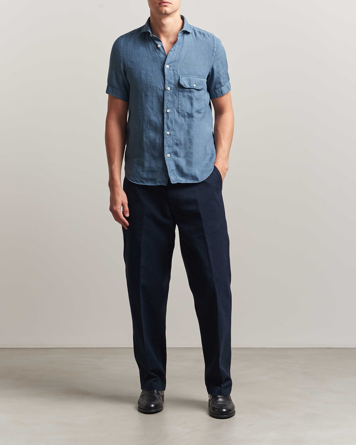 Mies | Kauluspaidat | Finamore Napoli | Linen Short Sleeve Sport Shirt Dark Blue