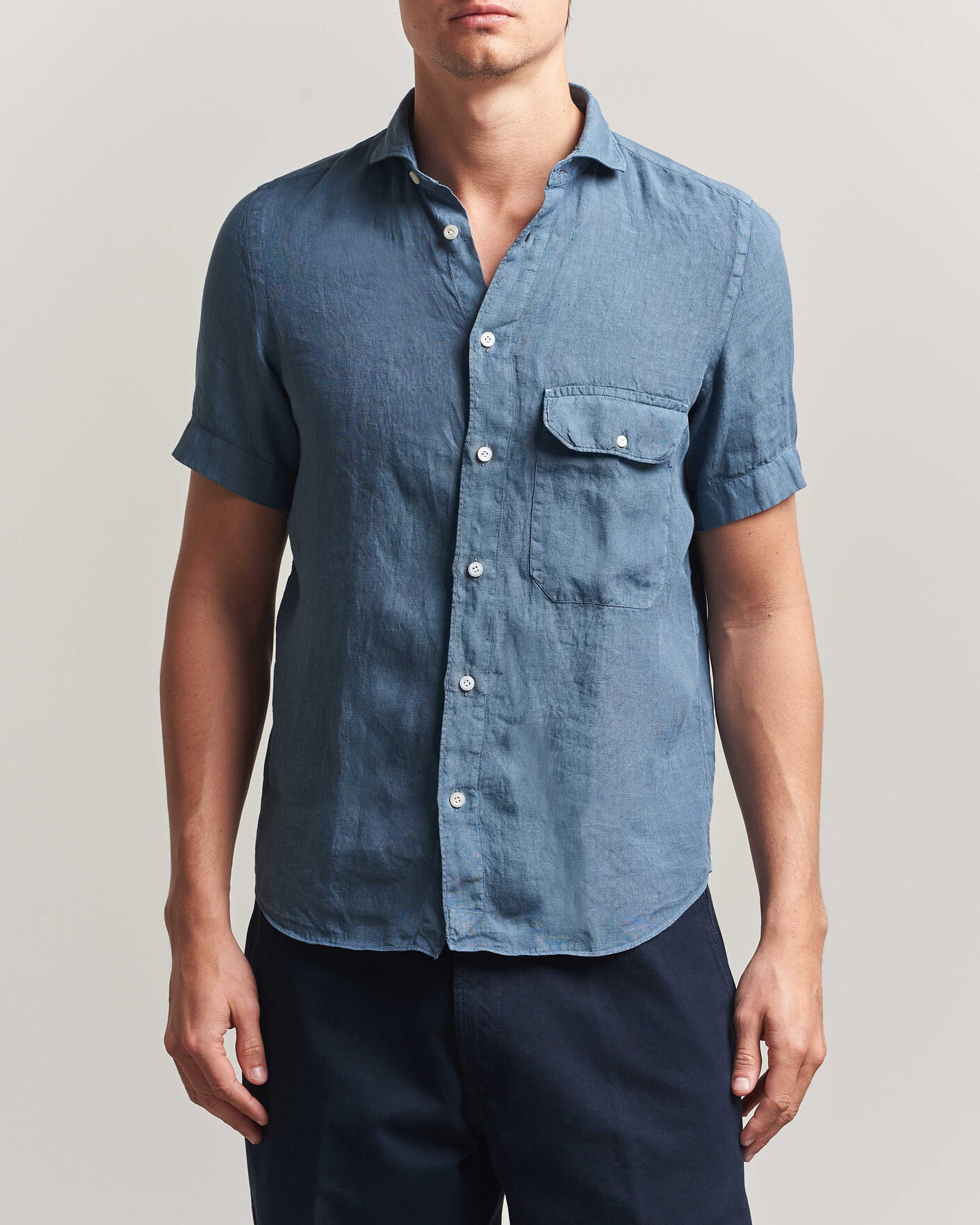Mies | Kauluspaidat | Finamore Napoli | Linen Short Sleeve Sport Shirt Dark Blue
