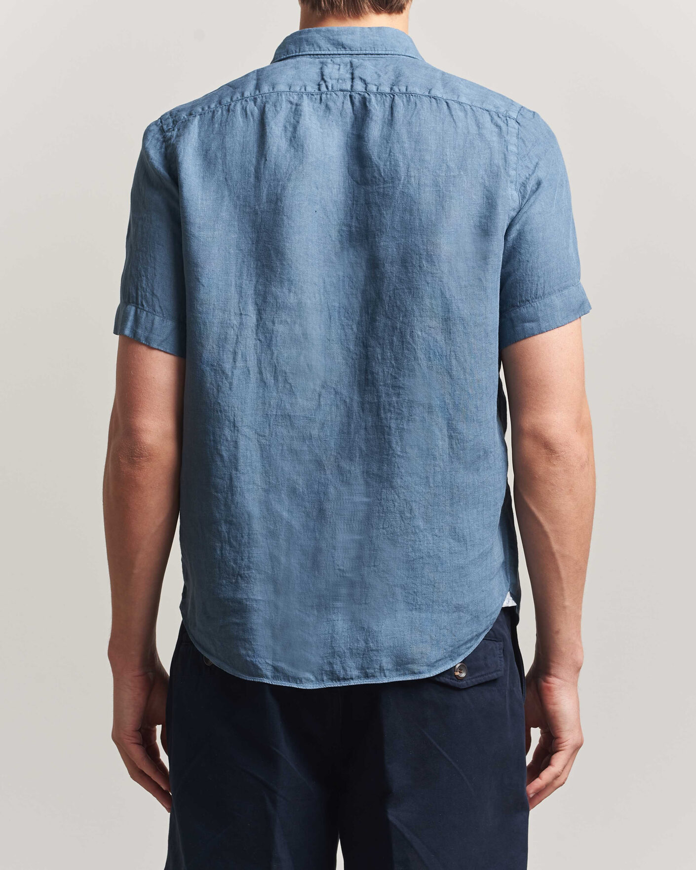 Mies | Kauluspaidat | Finamore Napoli | Linen Short Sleeve Sport Shirt Dark Blue