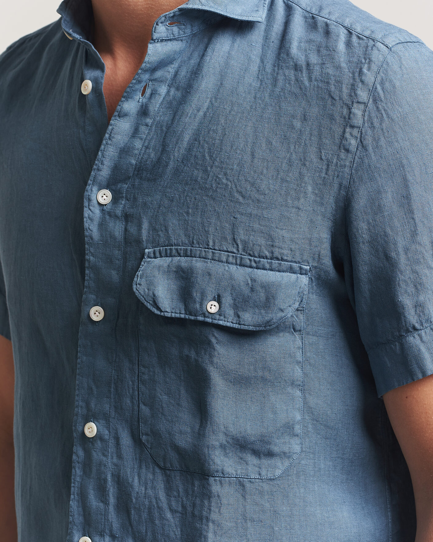 Mies | Kauluspaidat | Finamore Napoli | Linen Short Sleeve Sport Shirt Dark Blue