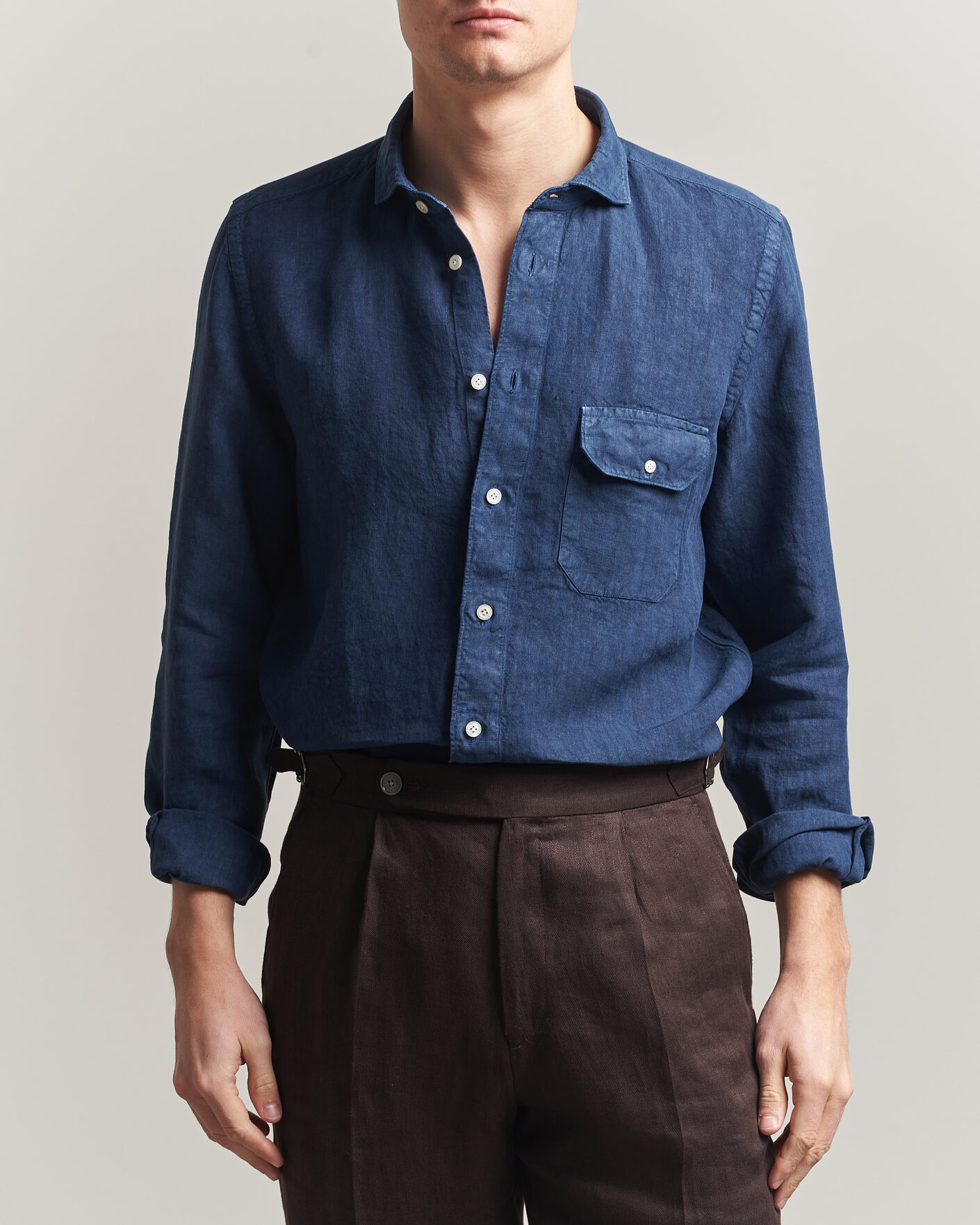 Mies | Kauluspaidat | Finamore Napoli | Salina Garment Dyed Linen Overshirt Navy