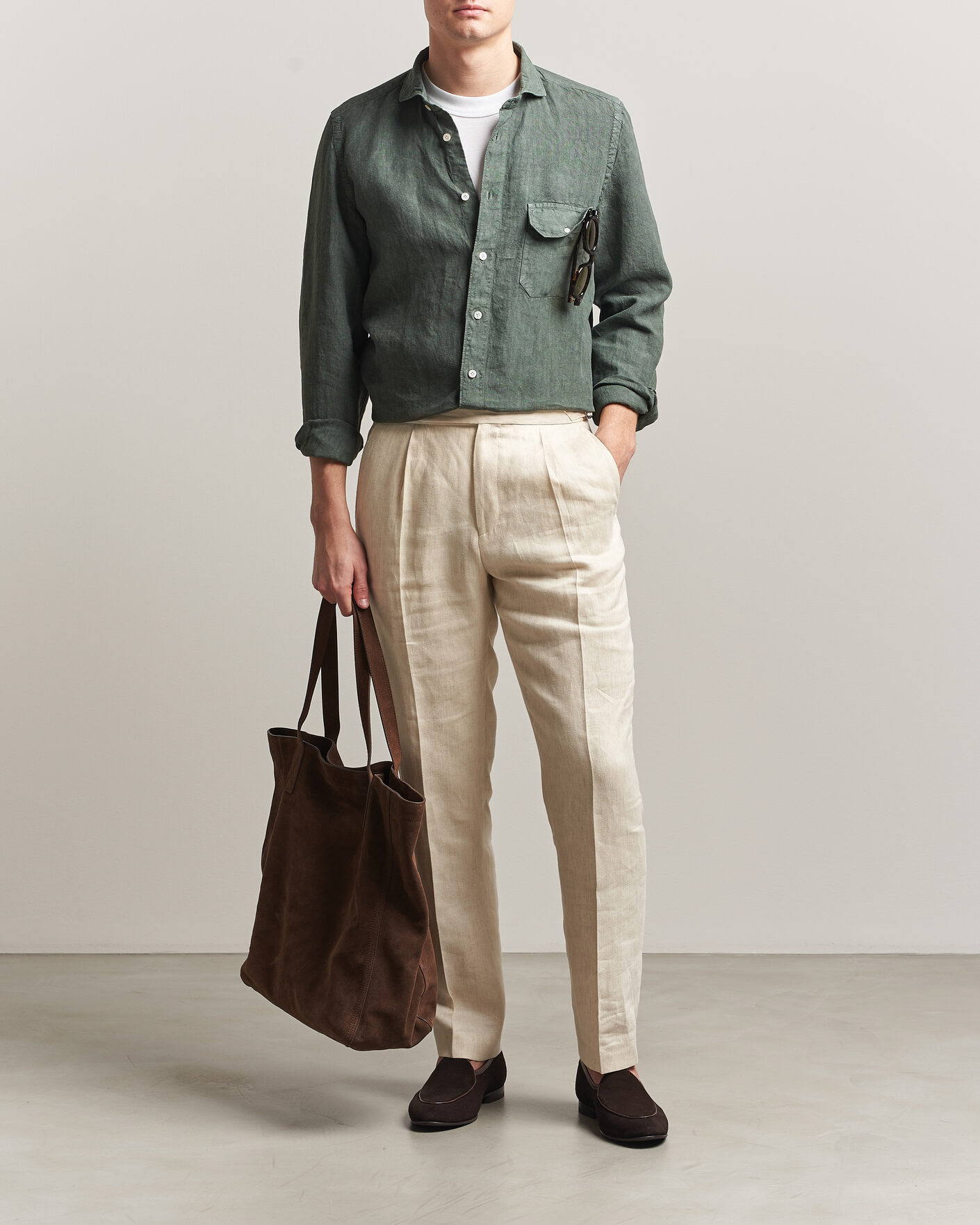 Mies | Kauluspaidat | Finamore Napoli | Salina Garment Dyed Linen Overshirt Dark Green