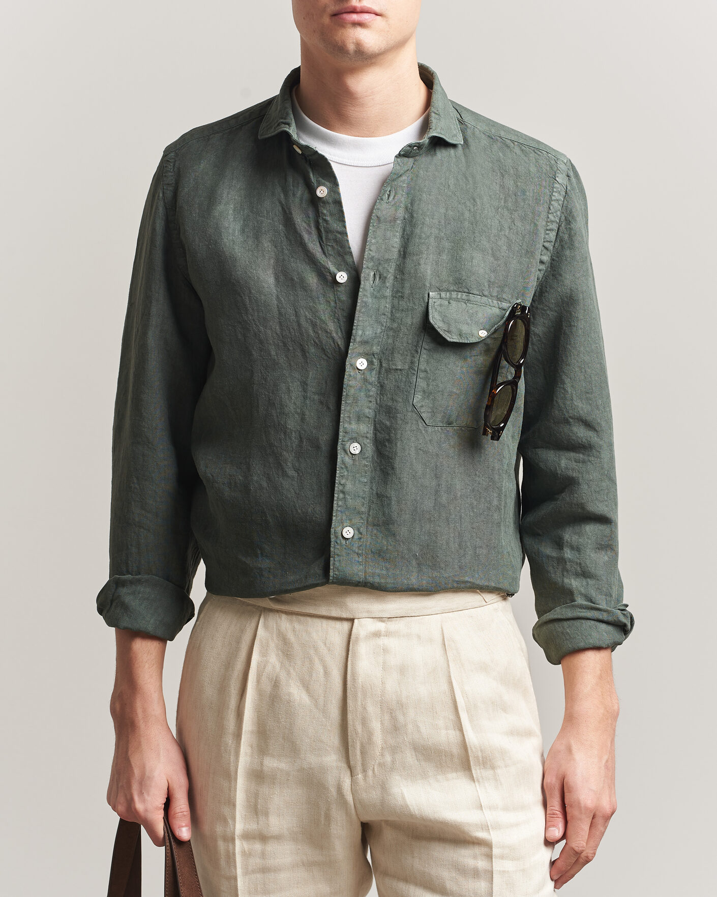 Mies | Kauluspaidat | Finamore Napoli | Salina Garment Dyed Linen Overshirt Dark Green