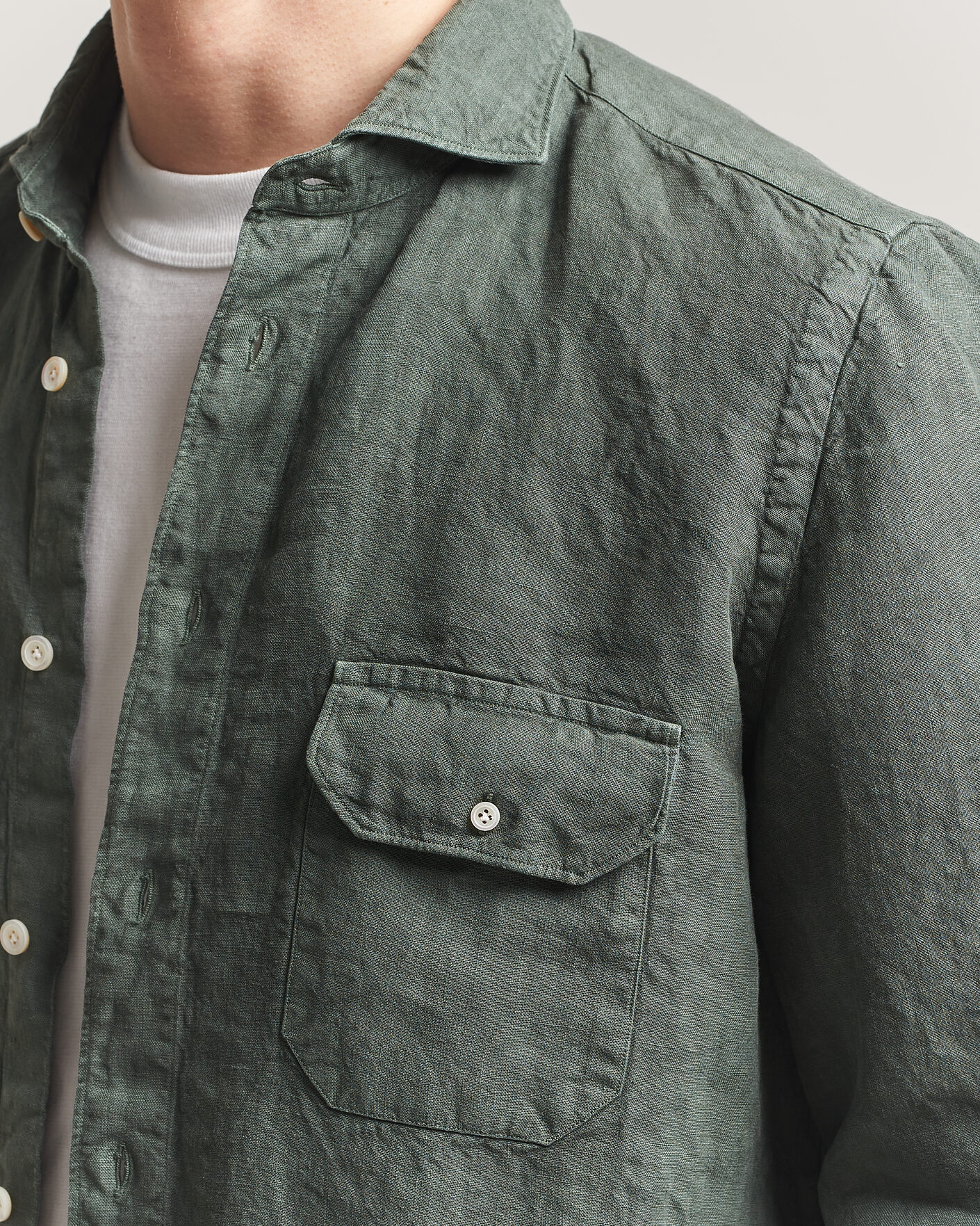 Mies | Kauluspaidat | Finamore Napoli | Salina Garment Dyed Linen Overshirt Dark Green