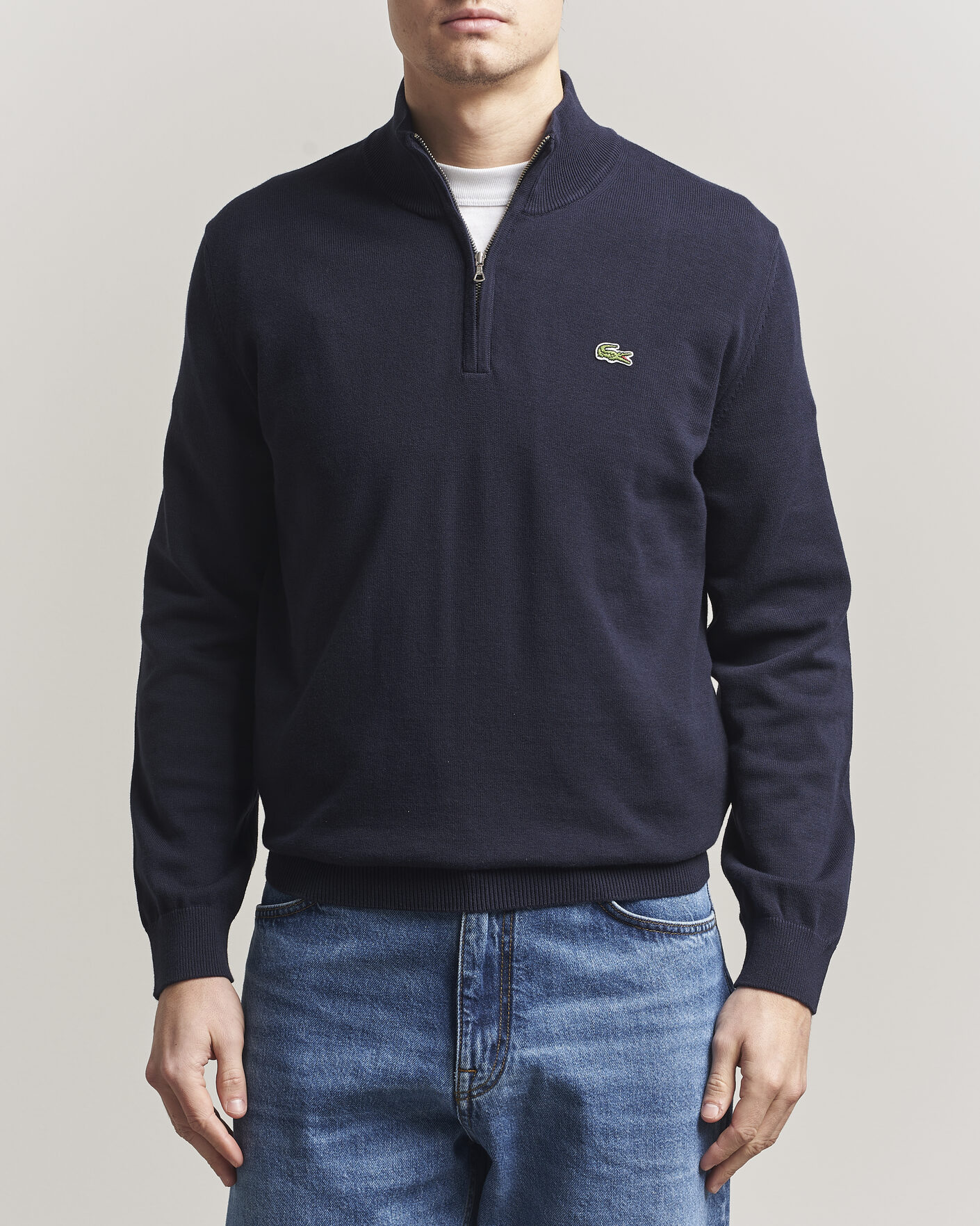 Mies | Puserot | Lacoste | Cotton Knitted Half Zip Navy Blue