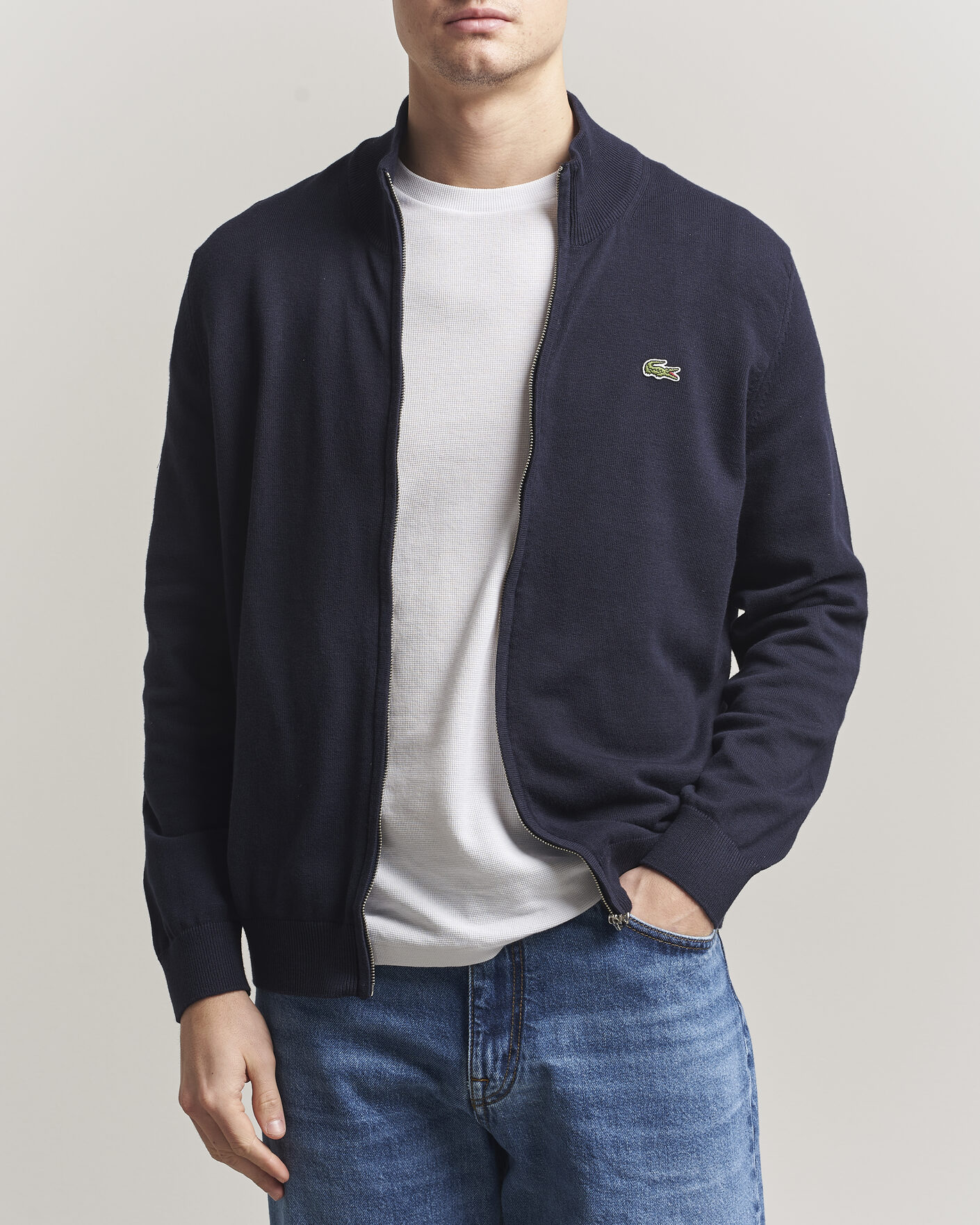 Mies | Puserot | Lacoste | Cotton Knitted Full Zip Navy Blue