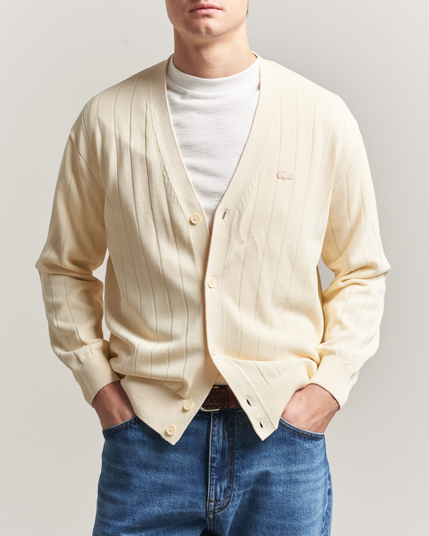 Mies | Puserot | Lacoste | Cotton Structured Knitted Cardigan Naturel Clair