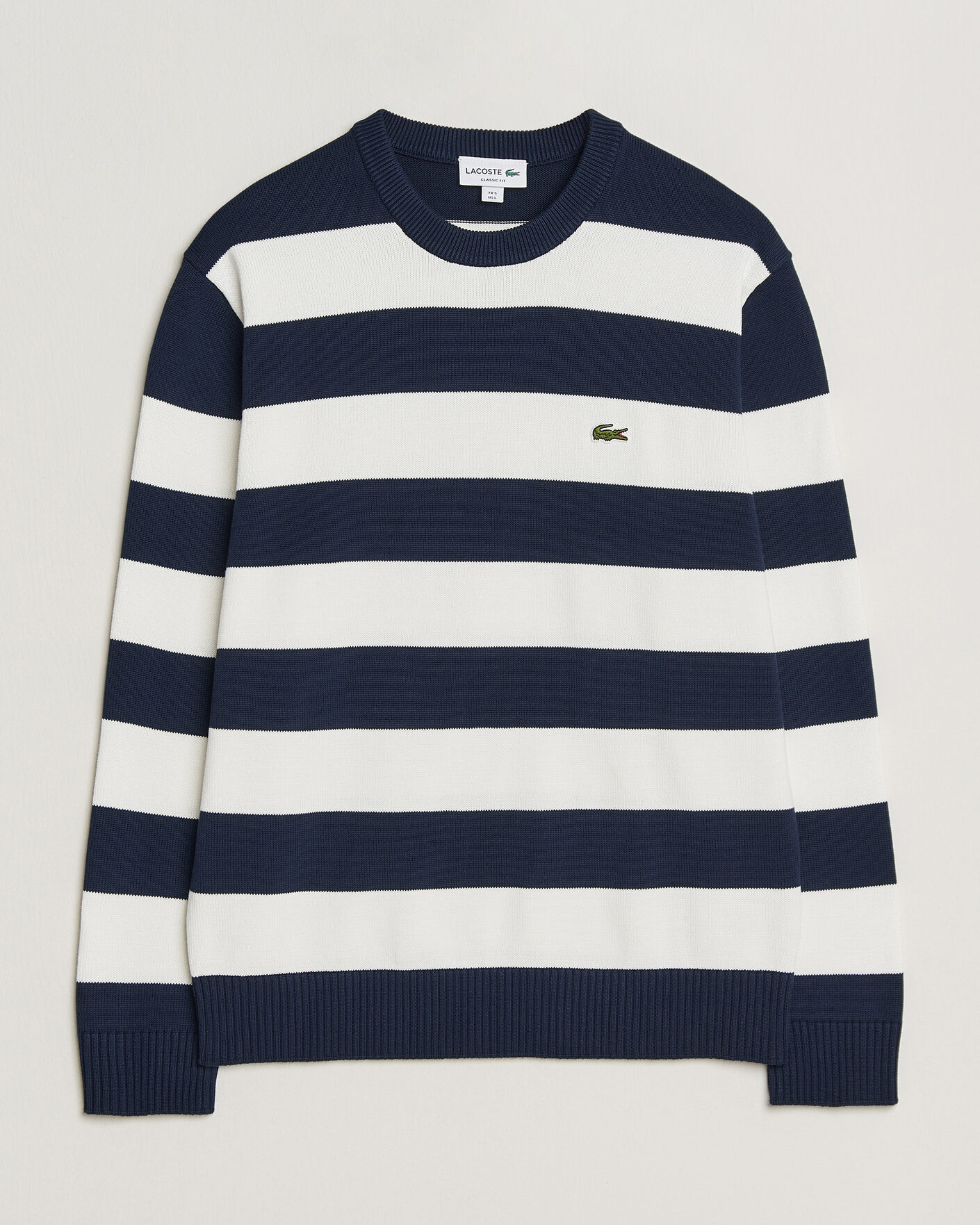 Mies | Puserot | Lacoste | Cotton Knitted Striped Sweater Navy Blue/Flour