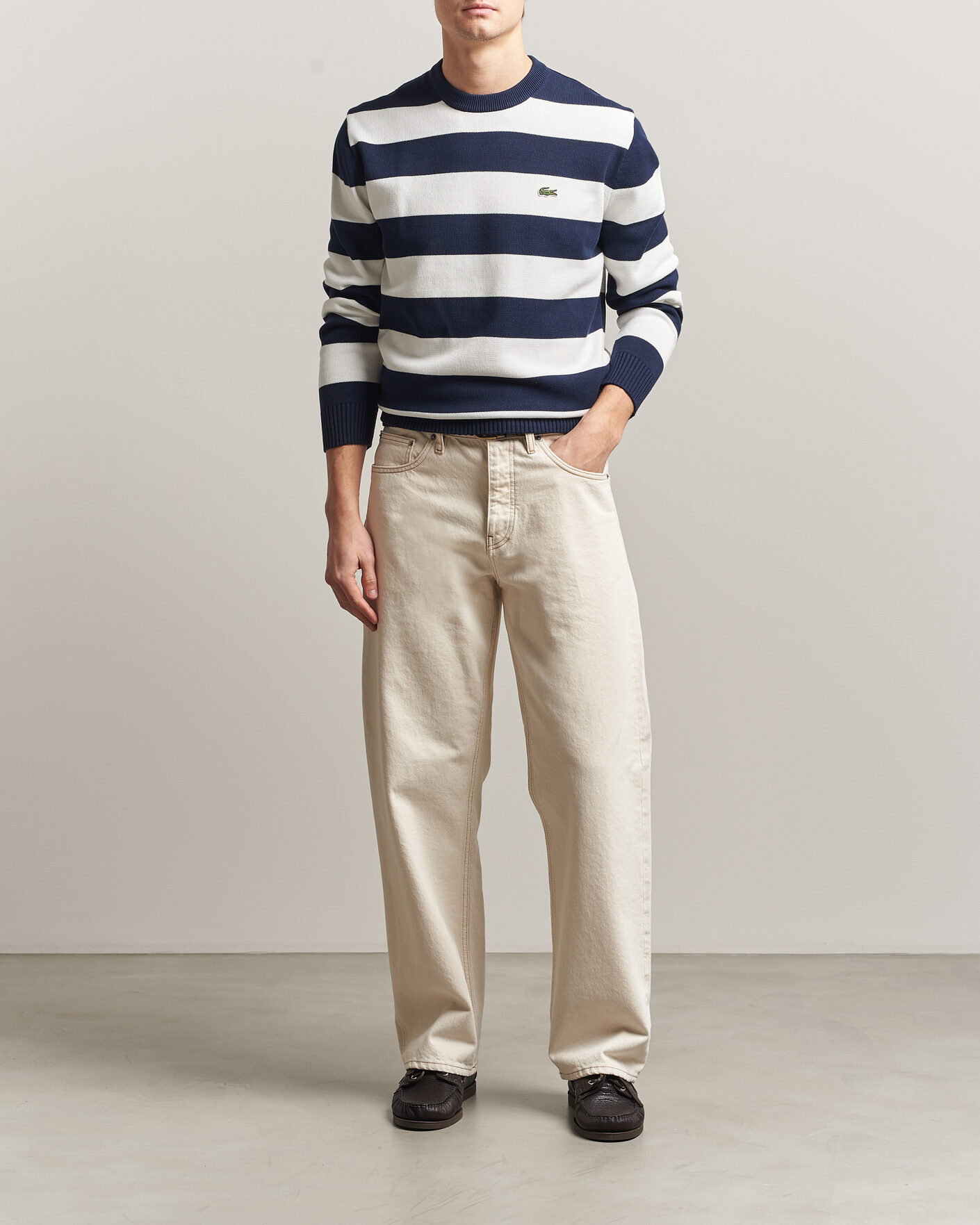 Mies | Puserot | Lacoste | Cotton Knitted Striped Sweater Navy Blue/Flour