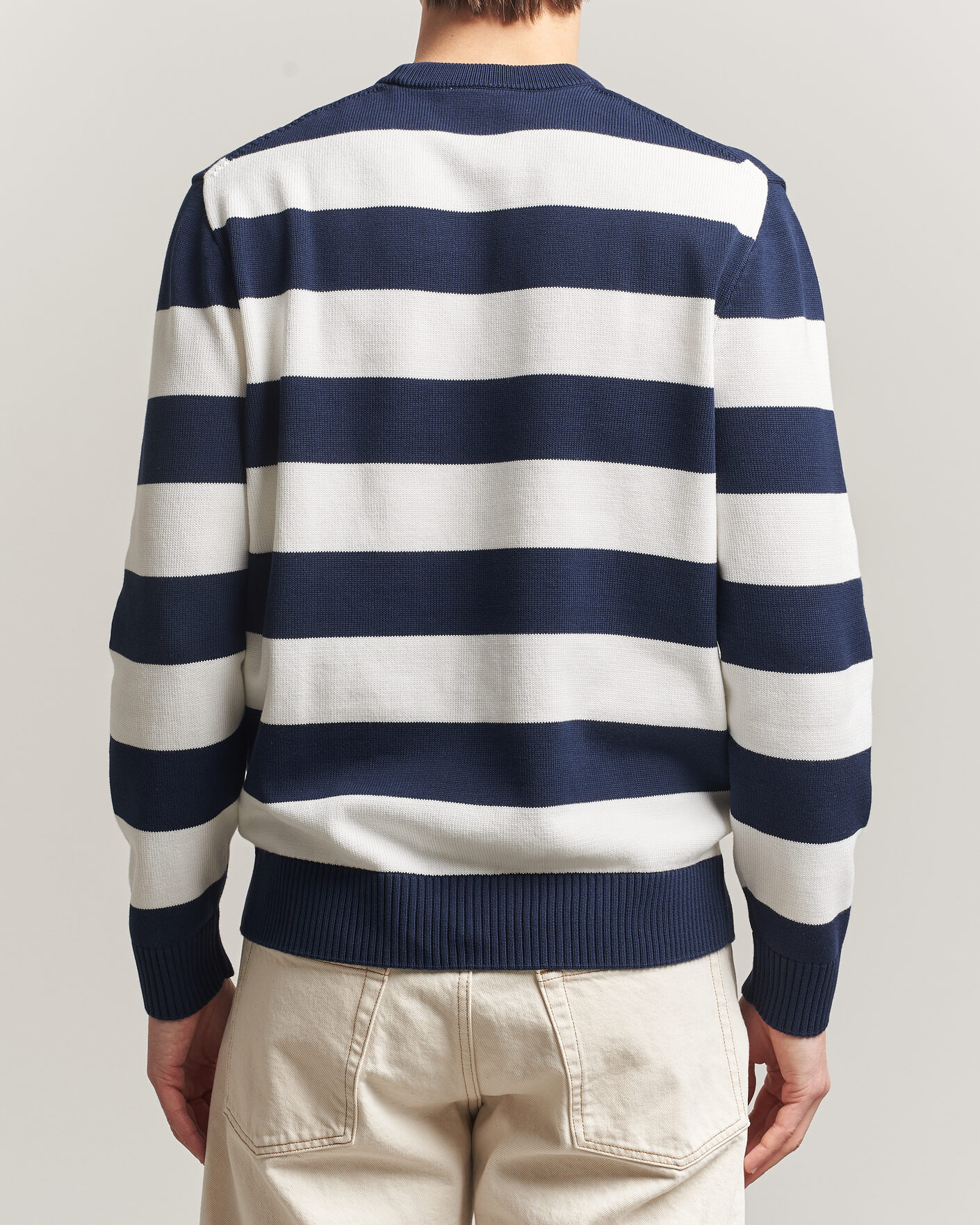 Mies | Puserot | Lacoste | Cotton Knitted Striped Sweater Navy Blue/Flour