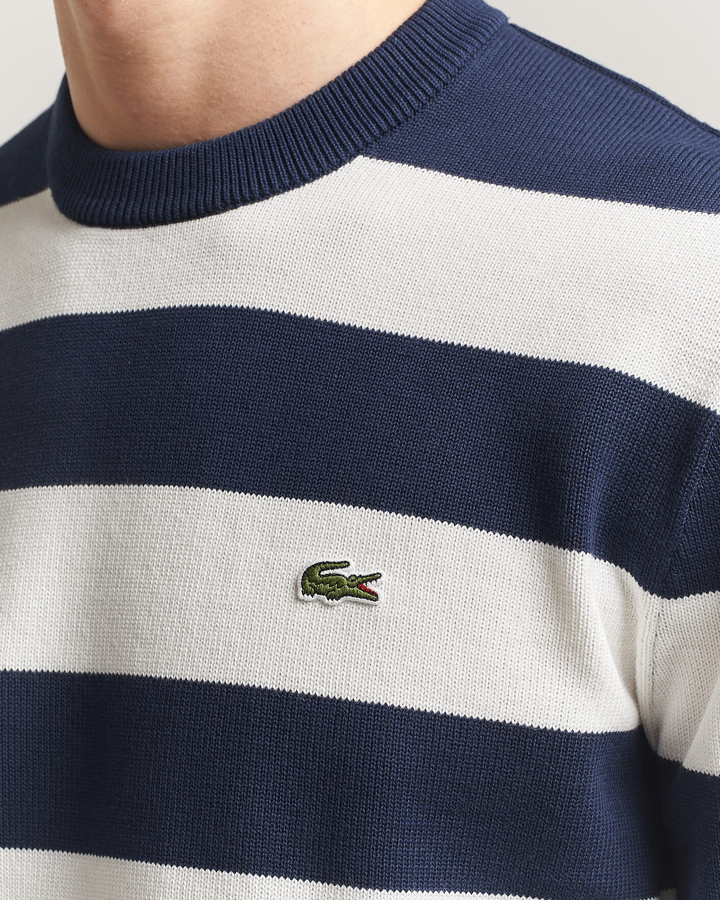 Mies | Puserot | Lacoste | Cotton Knitted Striped Sweater Navy Blue/Flour