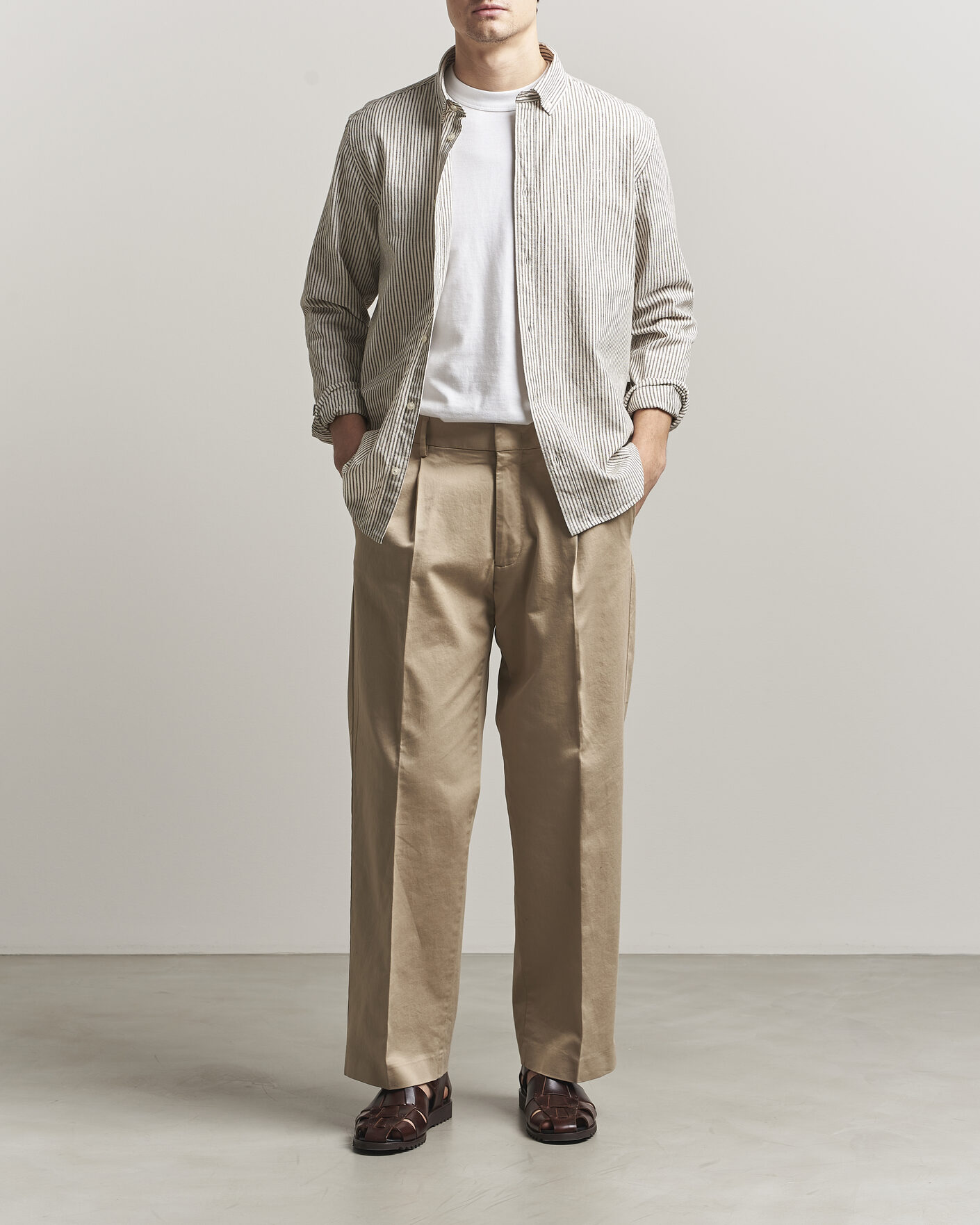 Mies | Kauluspaidat | LES DEUX | Konrad Striped Cotton/Linen Shirt Teak Brown