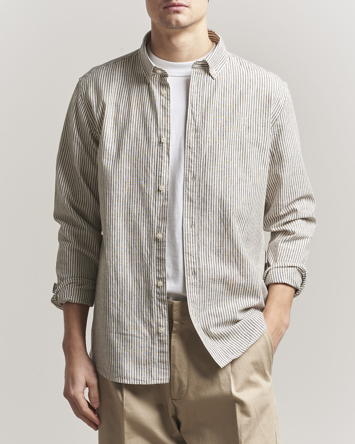 Mies | Kauluspaidat | LES DEUX | Konrad Striped Cotton/Linen Shirt Teak Brown