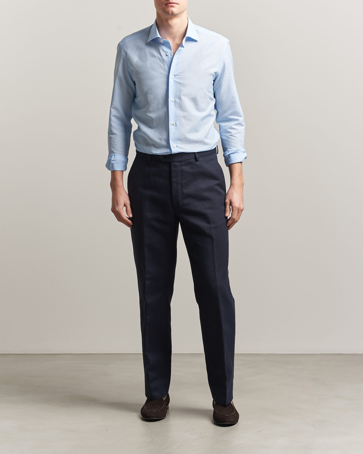 Mies | Kauluspaidat | Mazzarelli | Soft Cotton/Linen Shirt Light Blue