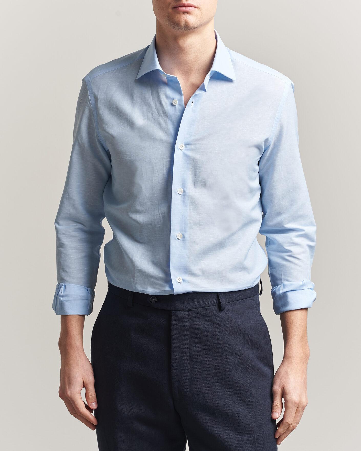 Mies | Kauluspaidat | Mazzarelli | Soft Cotton/Linen Shirt Light Blue
