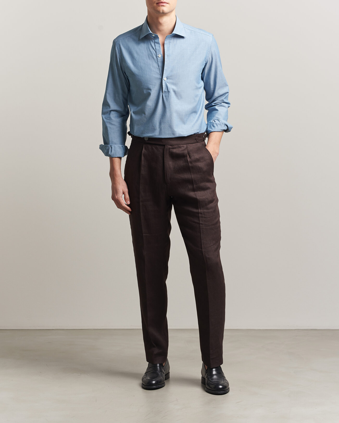 Mies | Kauluspaidat | Mazzarelli | Soft Cotton Denim Popover Shirt Blue