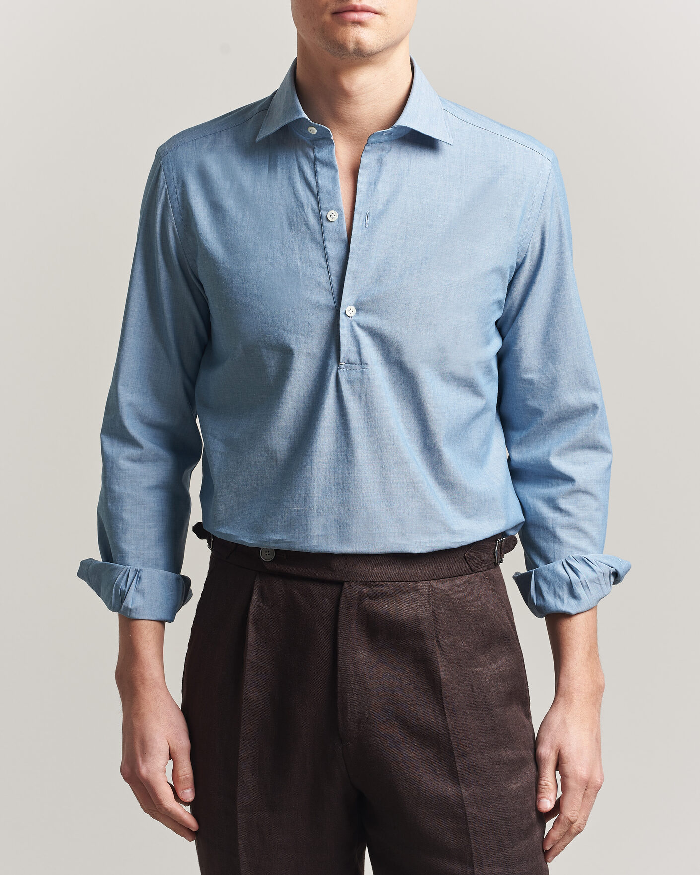 Mies | Kauluspaidat | Mazzarelli | Soft Cotton Denim Popover Shirt Blue