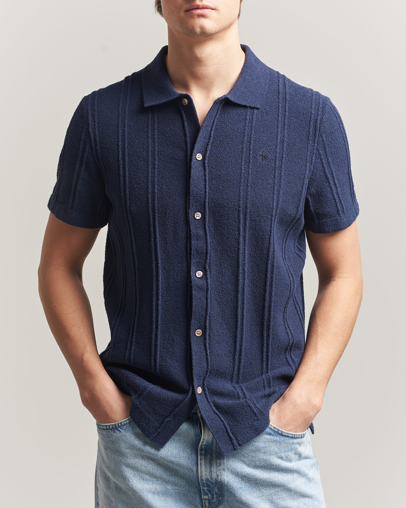 Mies | Kauluspaidat | Morris | Clayton Knitted Short Sleeve Shirt Dark Blue