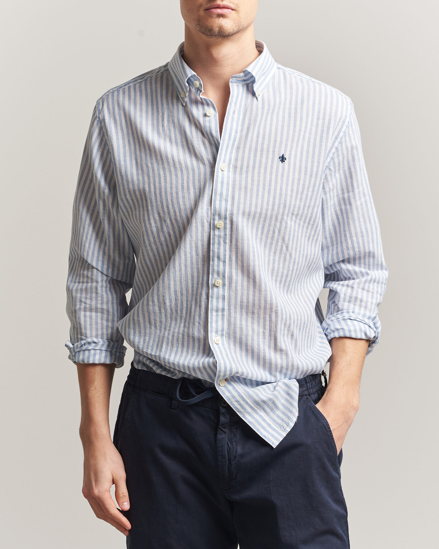 Mies | Kauluspaidat | Morris | Douglas Striped Linen Shirt Blue/White