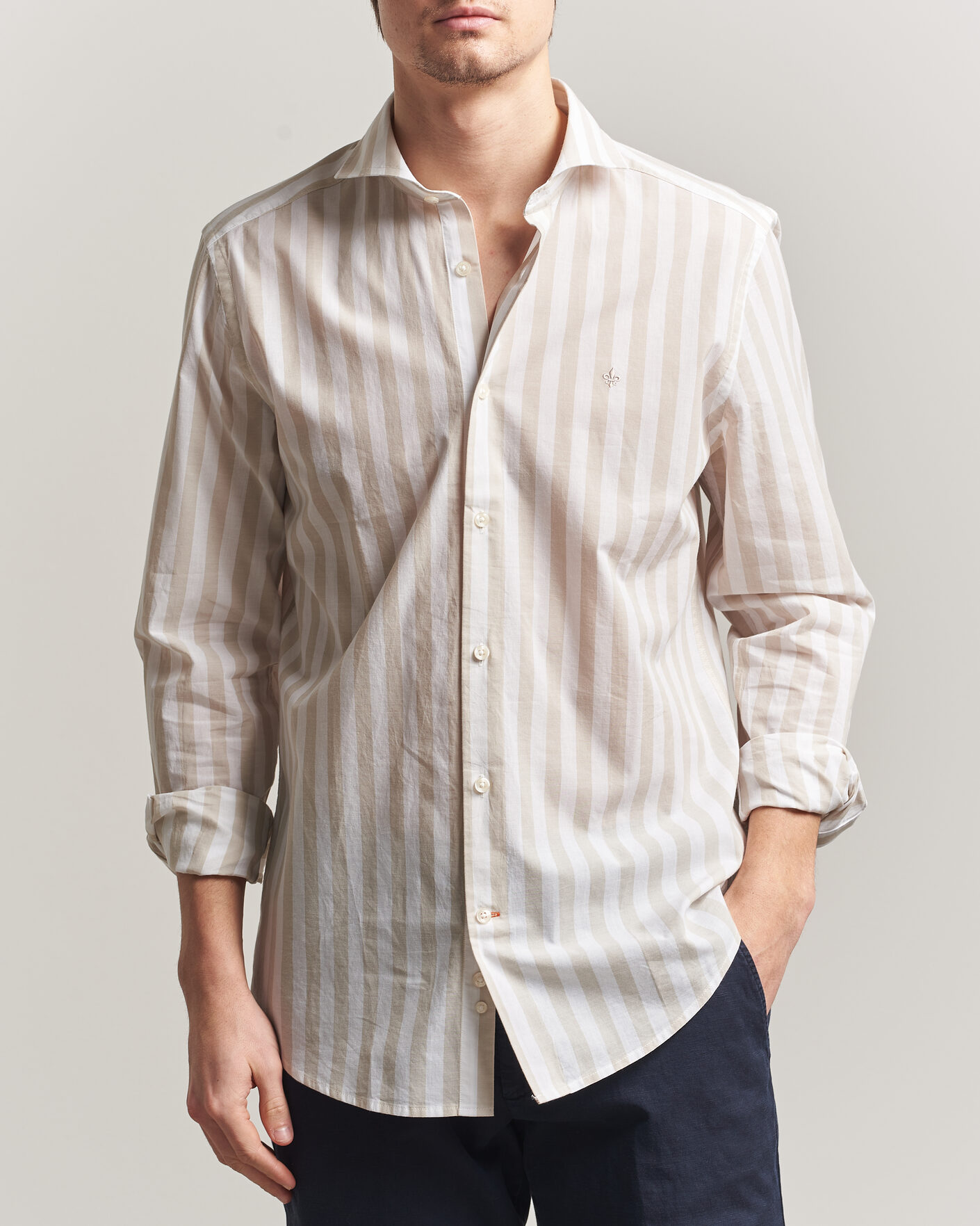 Mies | Kauluspaidat | Morris | Summer Striped Lighweight Shirt Khaki/White