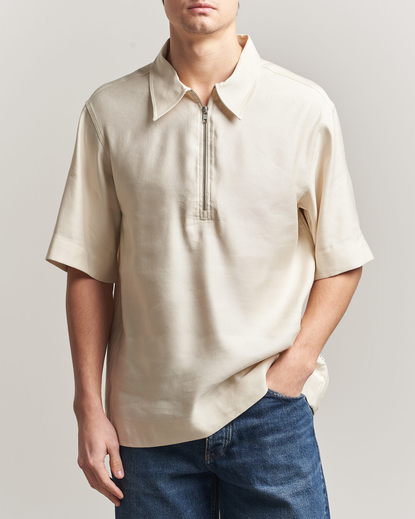 Mies | Pikeet | NN07 | Bruno Linen/Viscose Half Zip Polo Ivory