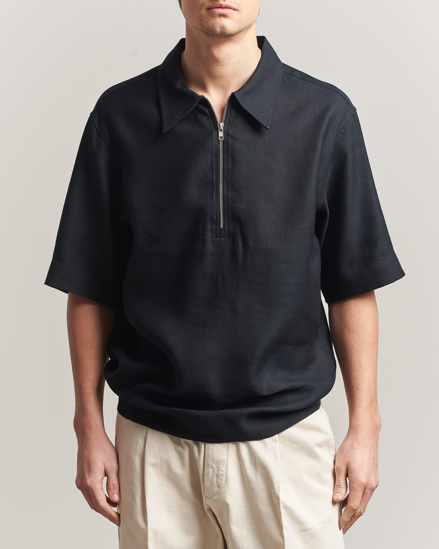 Mies | Pikeet | NN07 | Bruno Linen/Viscose Half Zip Polo Black
