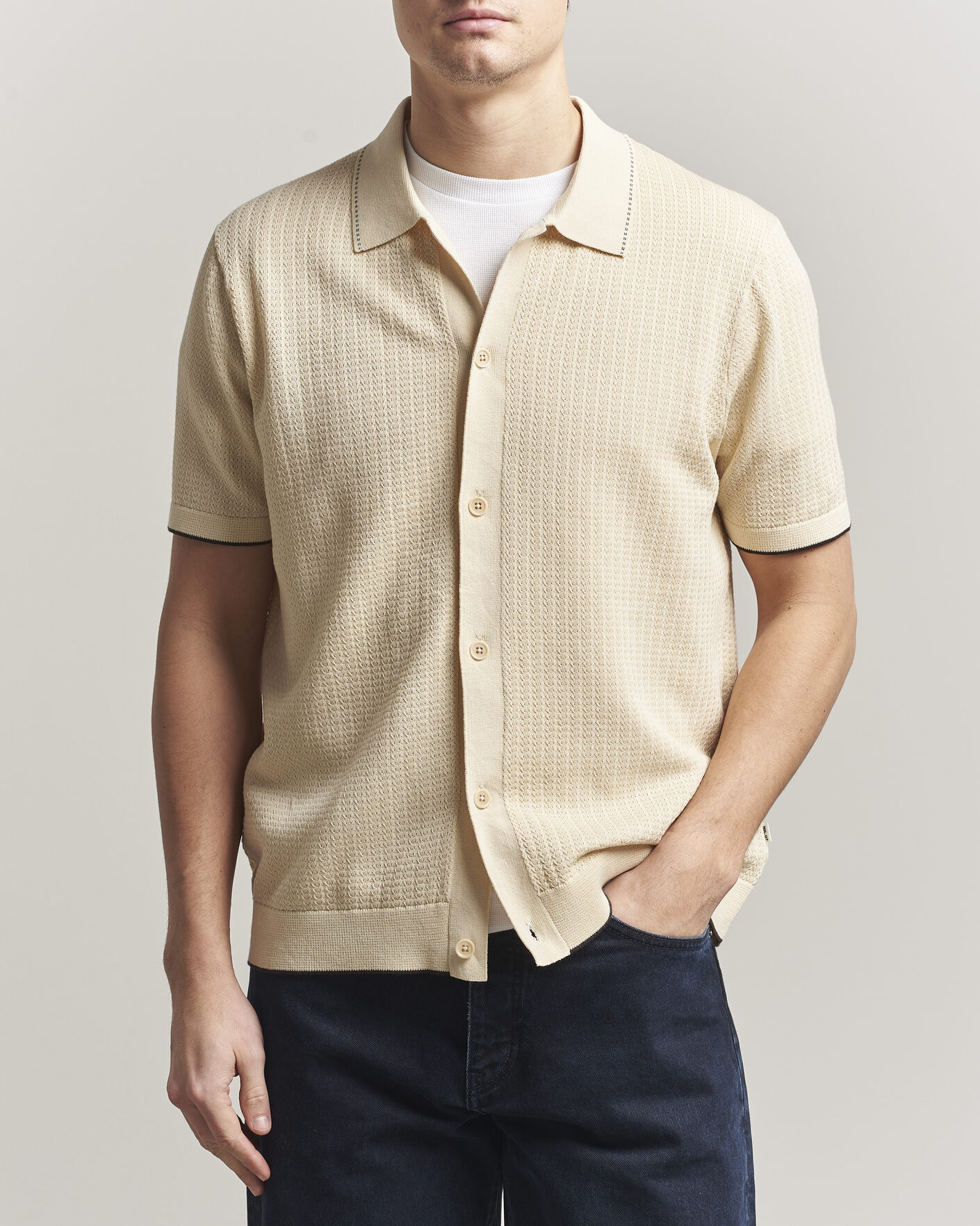 Mies | Kauluspaidat | NN07 | Nalo Knitted Short Sleeve Shirt Ivory