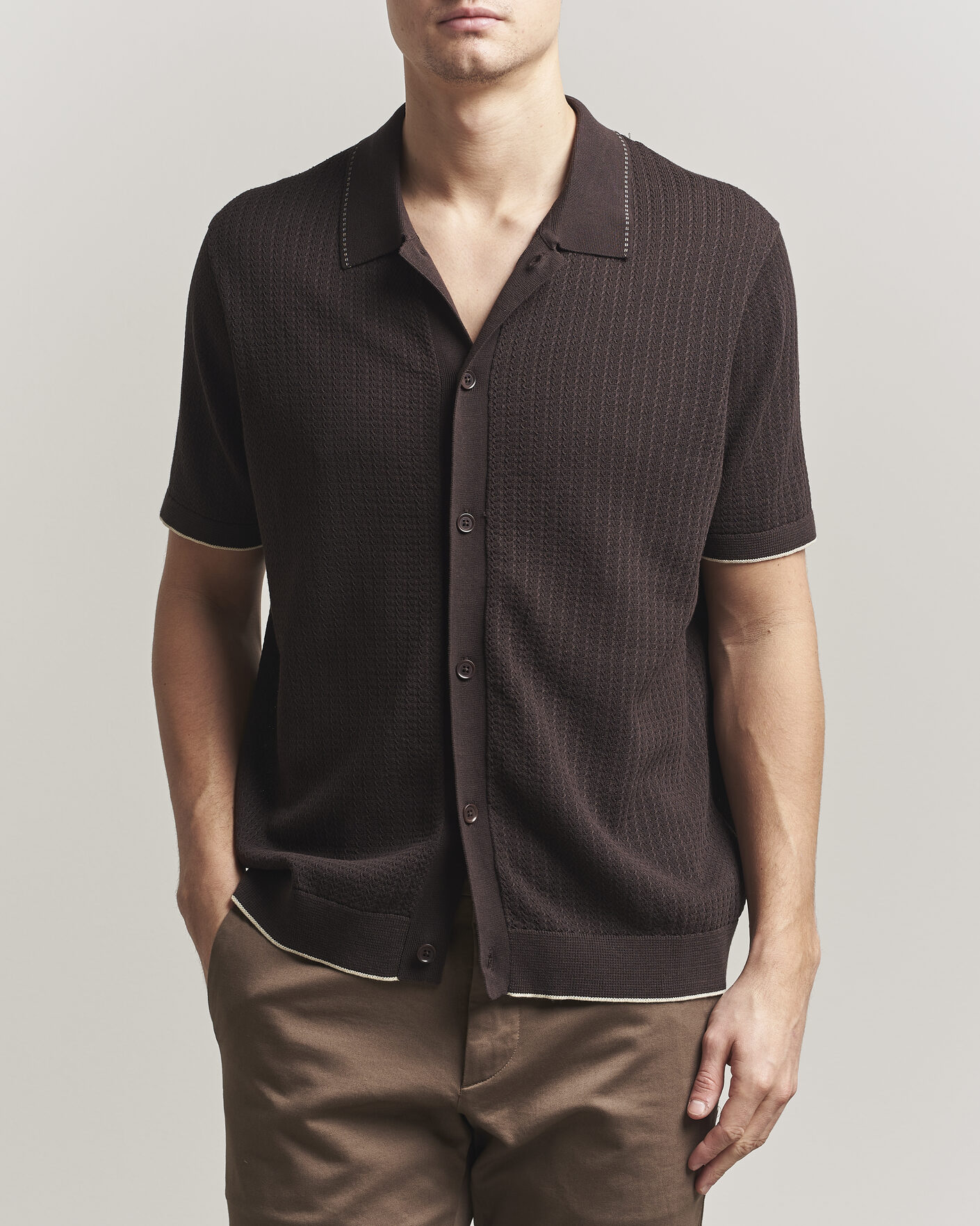 Mies | Kauluspaidat | NN07 | Nalo Knitted Short Sleeve Shirt Deep Truffle