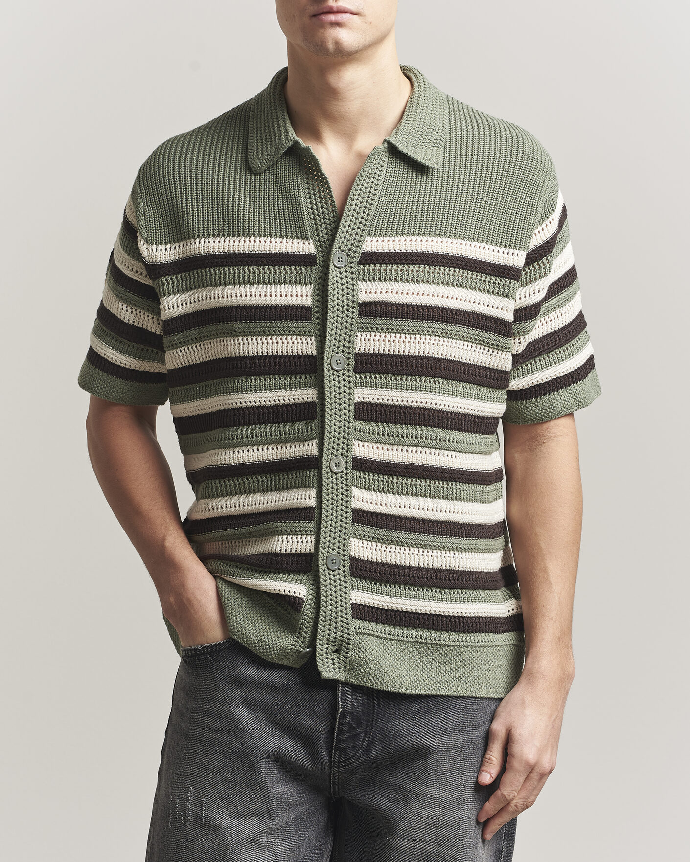 Mies | Kauluspaidat | NN07 | Lars Knitted Short Sleeve Shirt Sea Spray Green