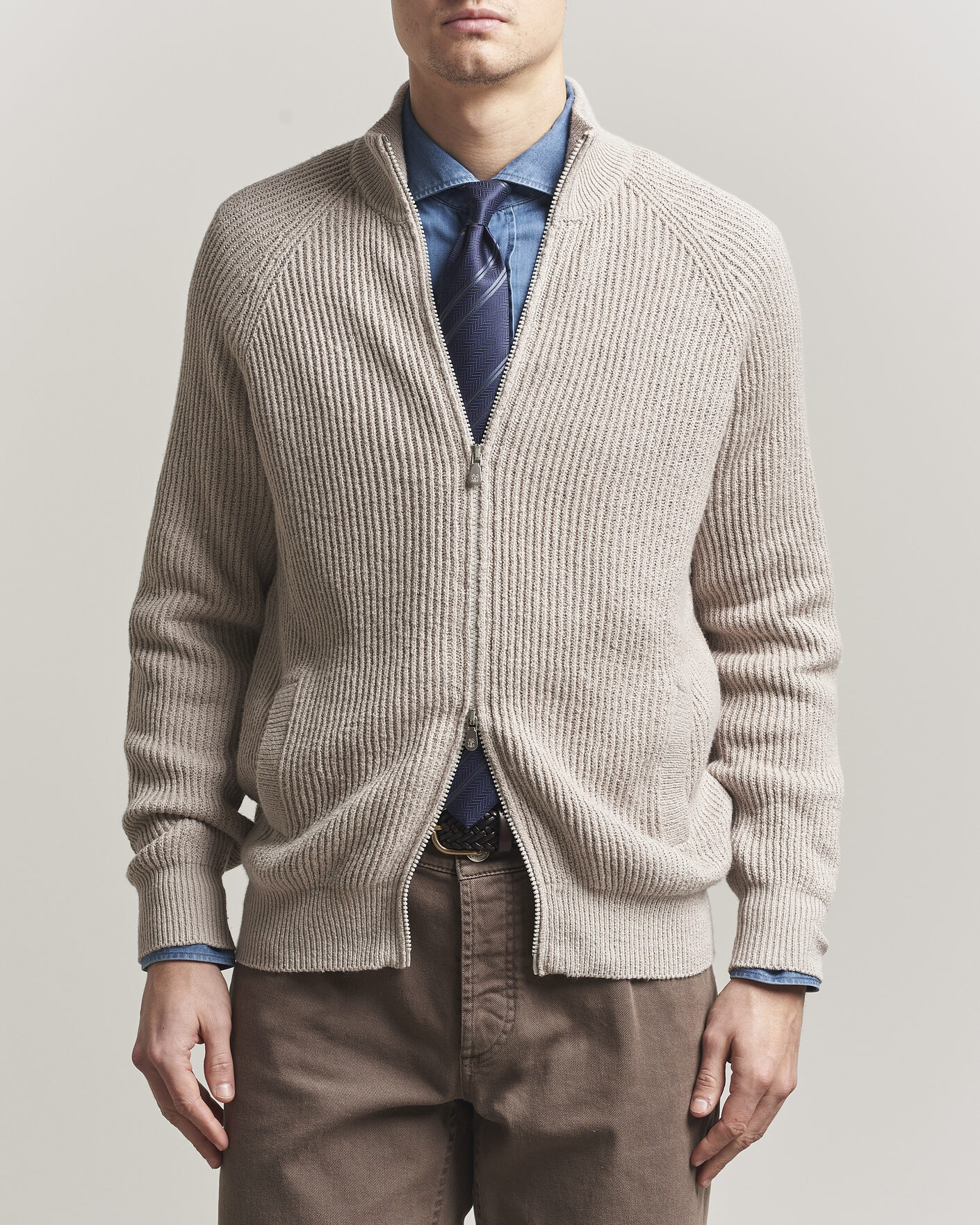 Mies | Puserot | Brunello Cucinelli | Heavy Cotton Rib Zip Cardigan Beige