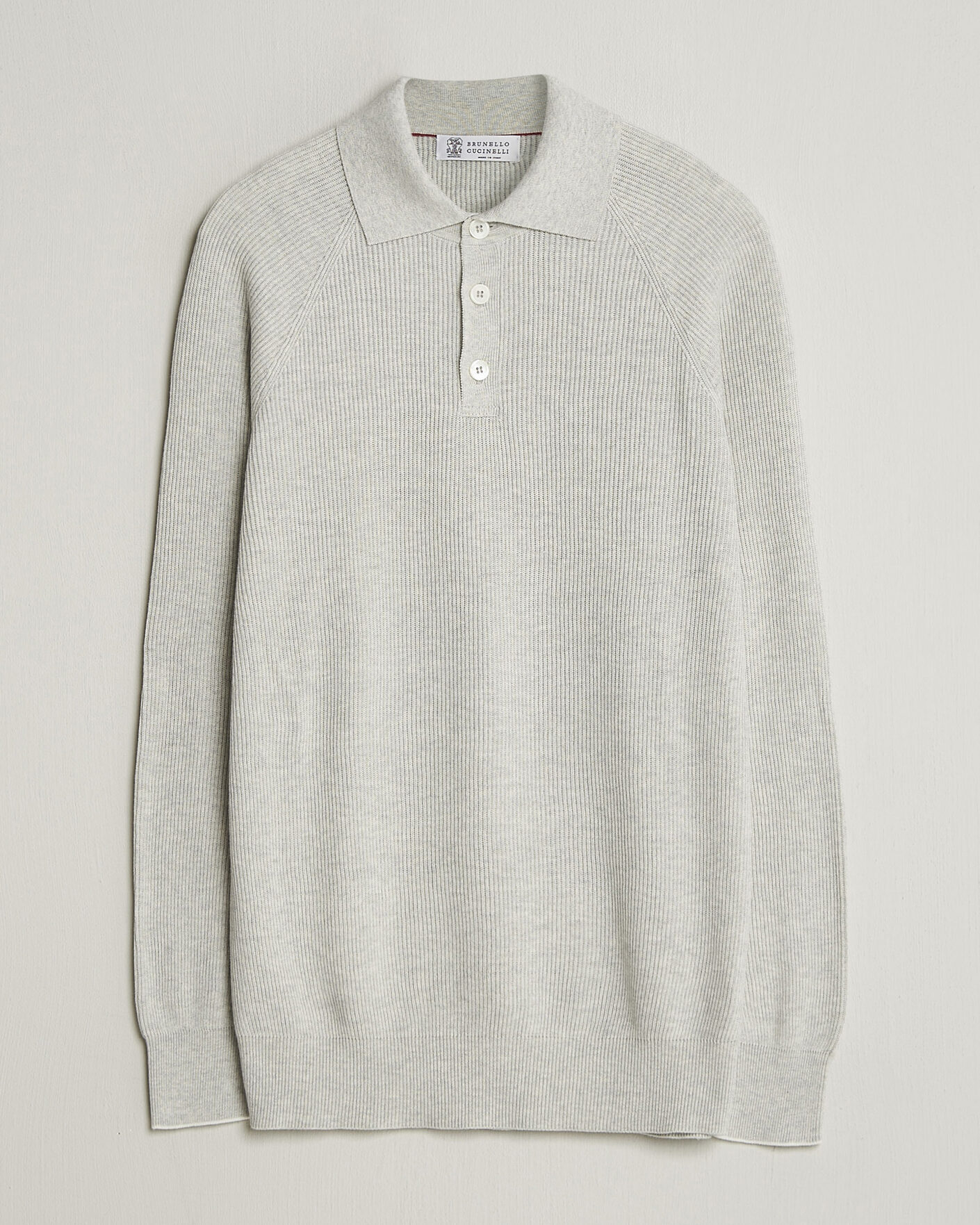 Mies | Puserot | Brunello Cucinelli | Cotton Rib Knitted Long Sleeve Polo Light Grey
