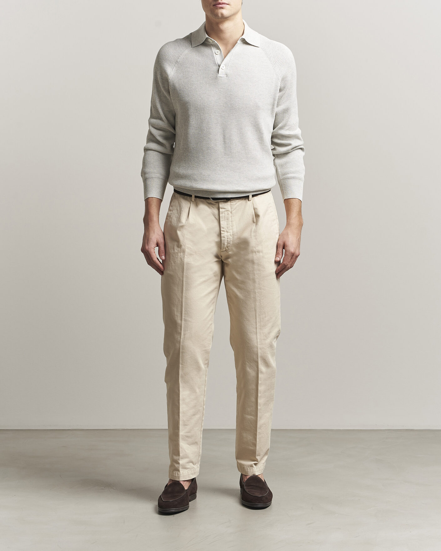 Mies | Puserot | Brunello Cucinelli | Cotton Rib Knitted Long Sleeve Polo Light Grey