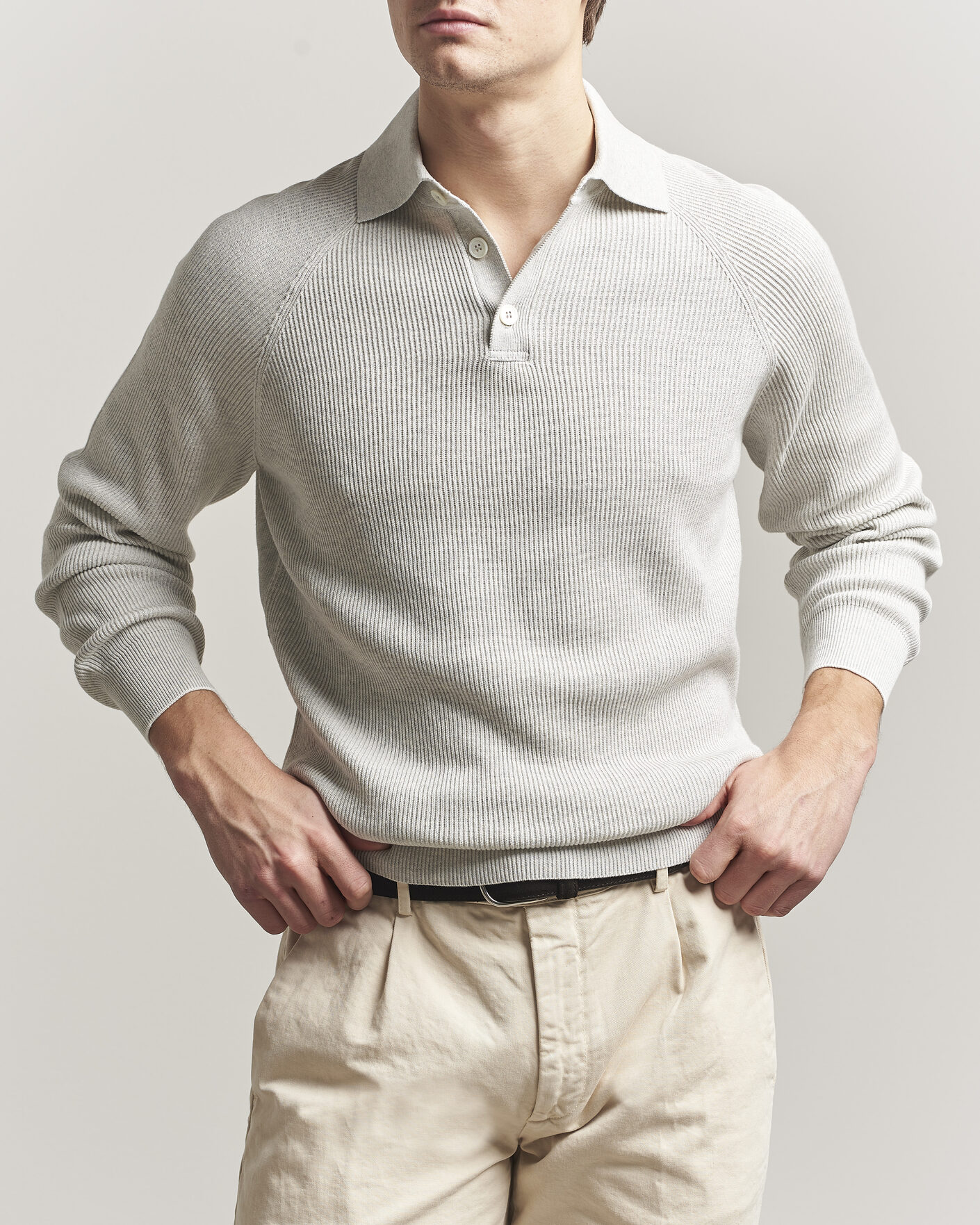 Mies | Puserot | Brunello Cucinelli | Cotton Rib Knitted Long Sleeve Polo Light Grey