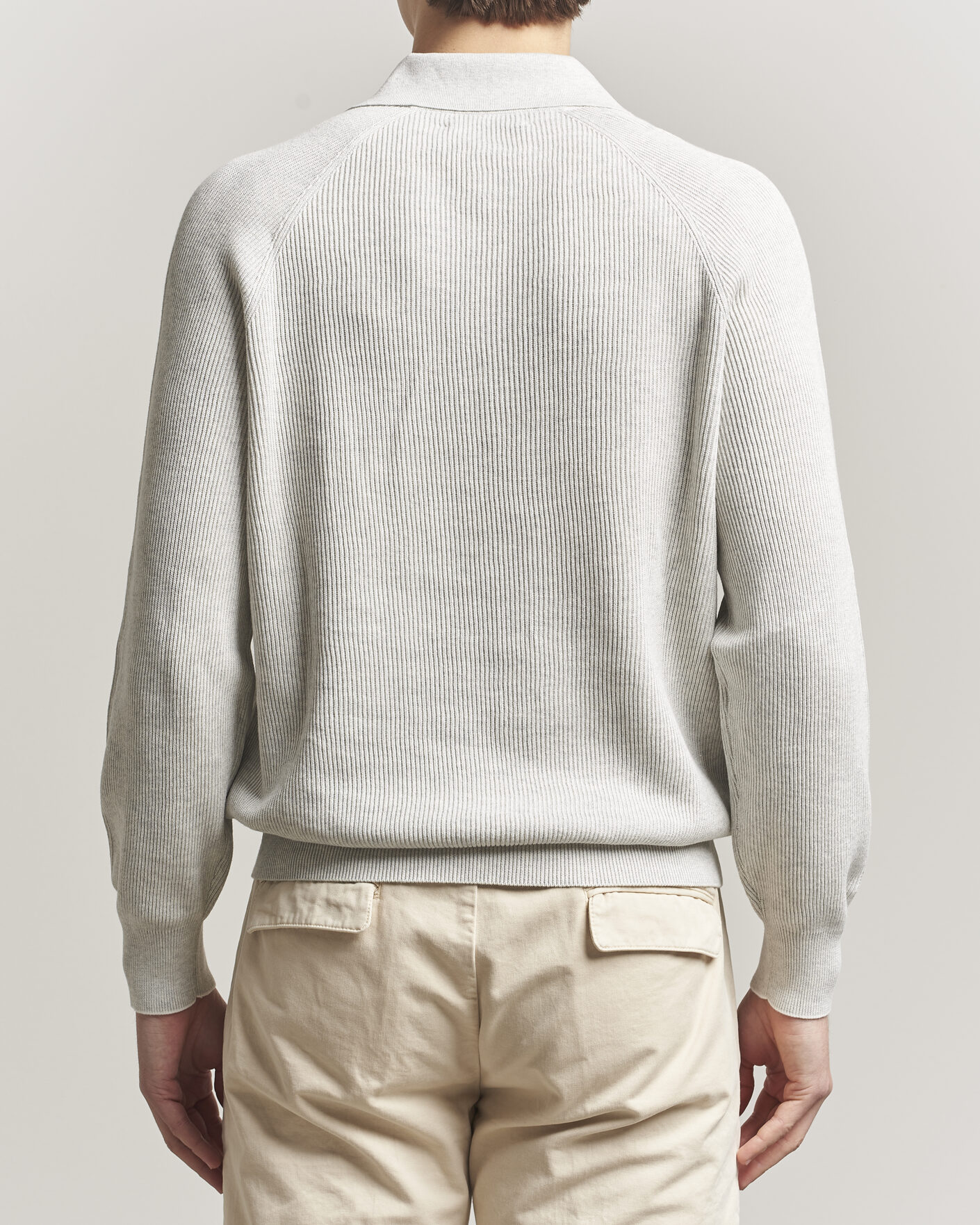 Mies | Puserot | Brunello Cucinelli | Cotton Rib Knitted Long Sleeve Polo Light Grey
