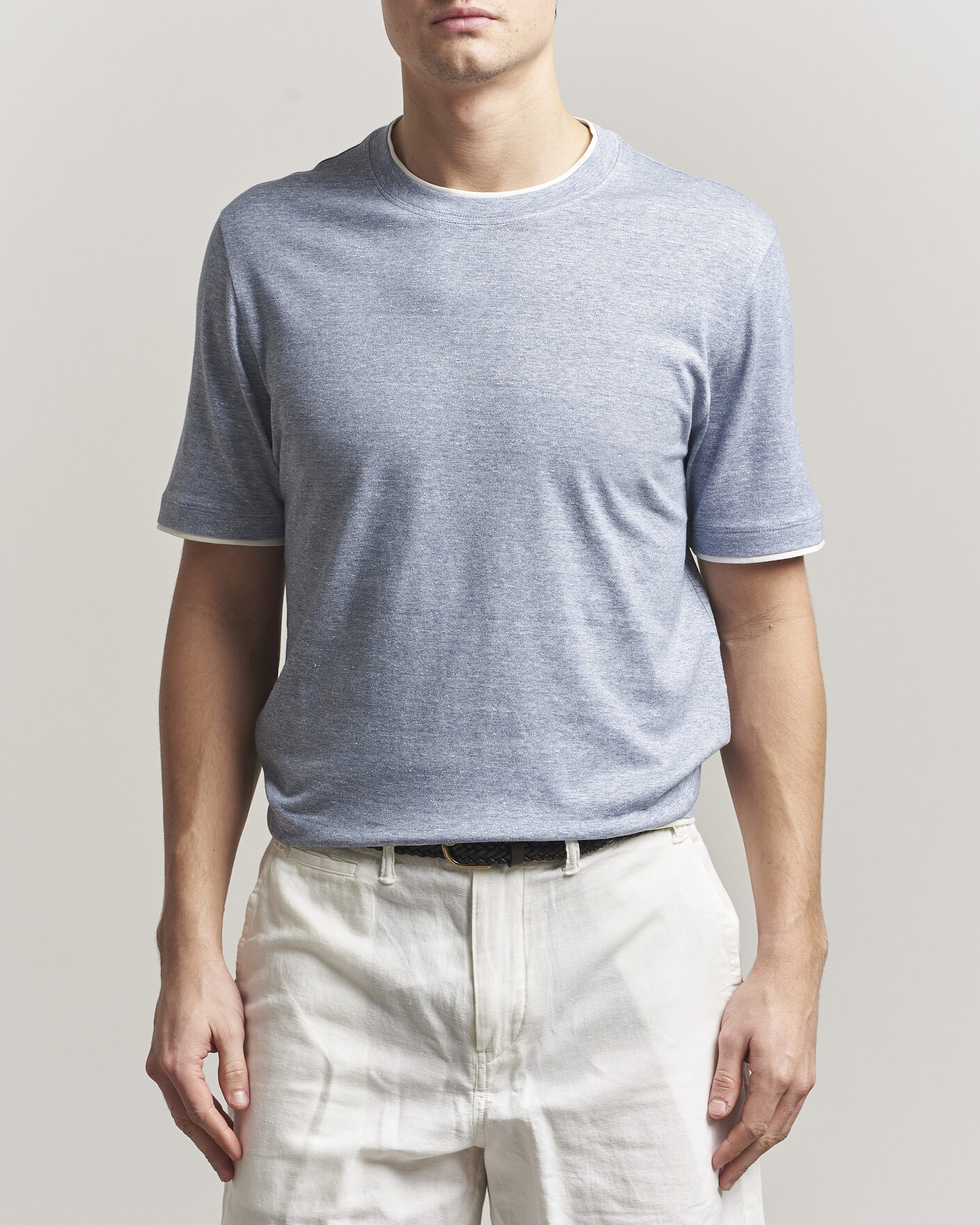 Mies | T-paidat | Brunello Cucinelli | Double Collar Linen T-Shirt Light Blue