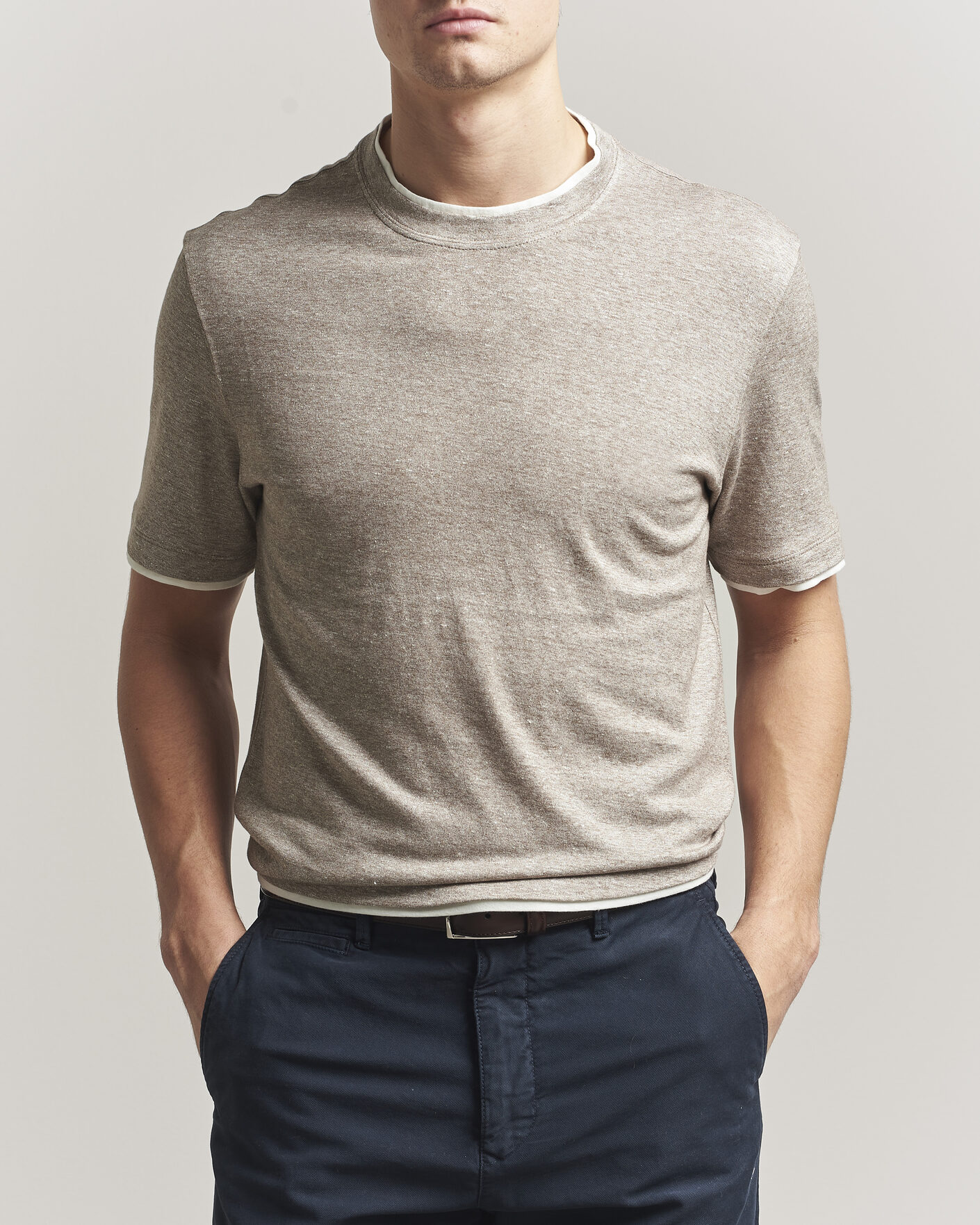Mies | T-paidat | Brunello Cucinelli | Double Collar Linen T-Shirt Brown