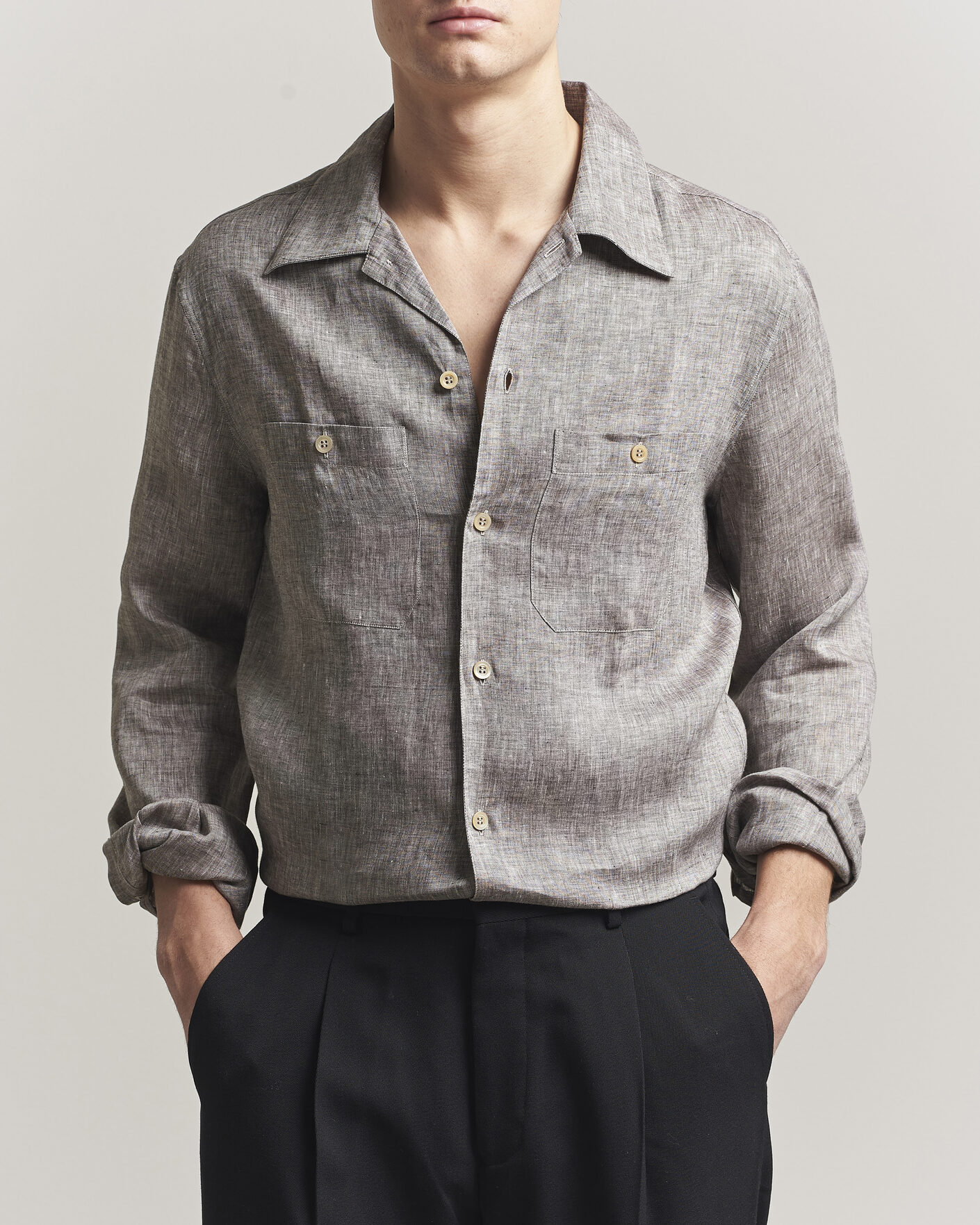 Mies | Kauluspaidat | Brunello Cucinelli | Linen Double Pocket Camp Shirt Brown