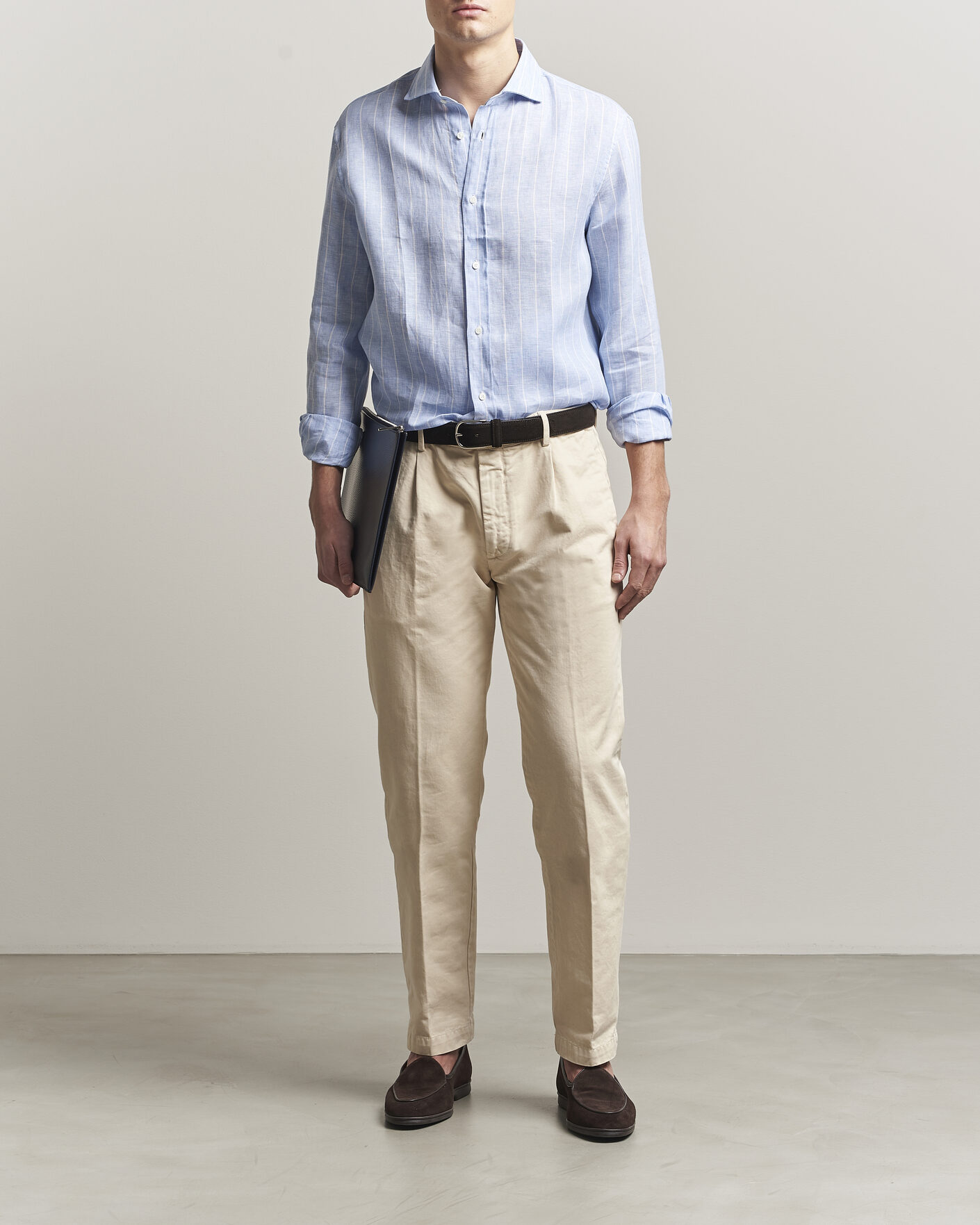 Mies | Kauluspaidat | Brunello Cucinelli | Easy Fit Linen Shirt Light Blue Stripe
