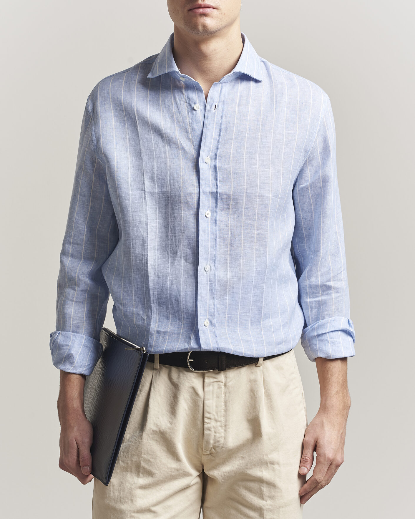 Mies | Kauluspaidat | Brunello Cucinelli | Easy Fit Linen Shirt Light Blue Stripe