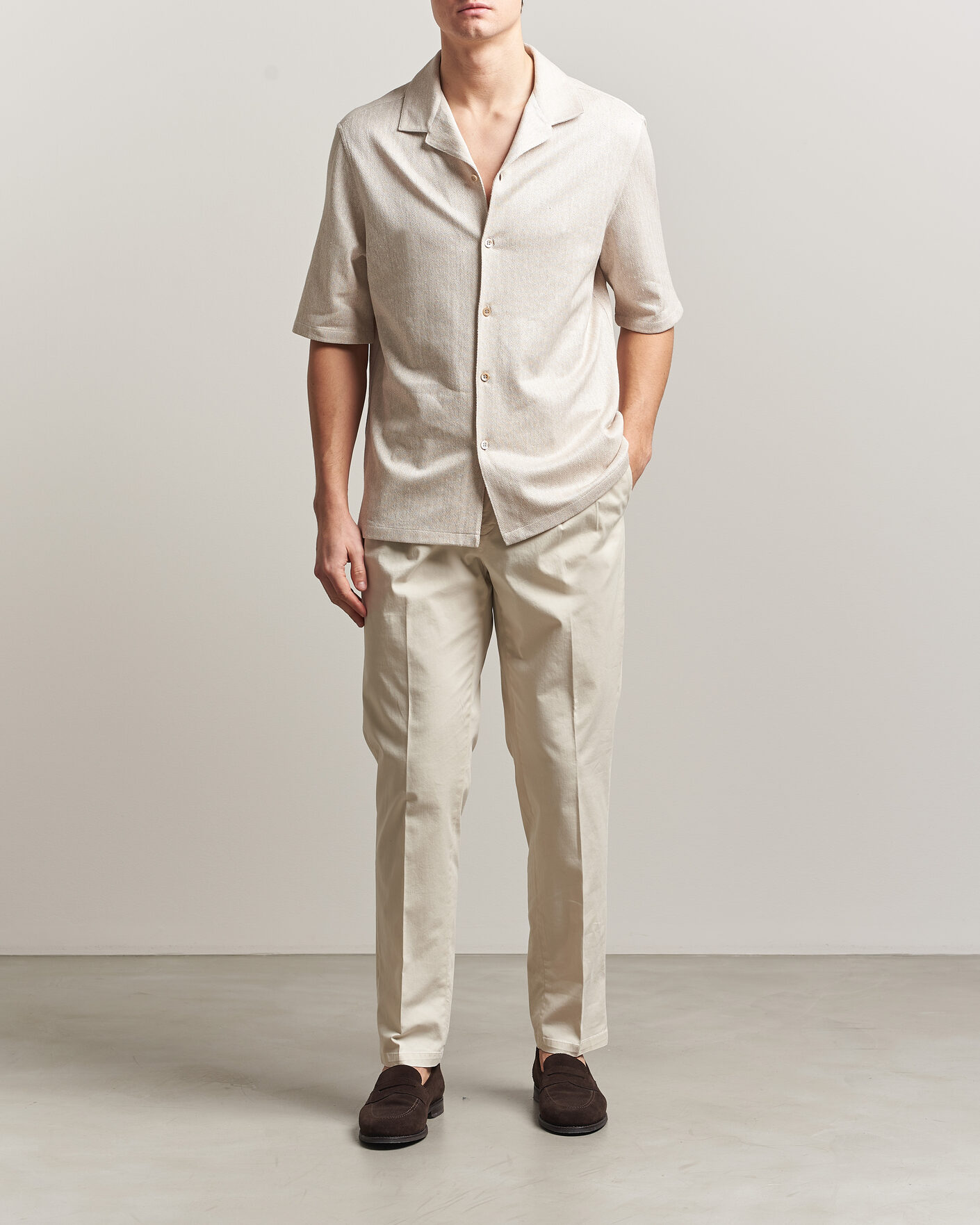 Mies | Kauluspaidat | Brunello Cucinelli | Linen Herringbone Camp Shirt Light Beige