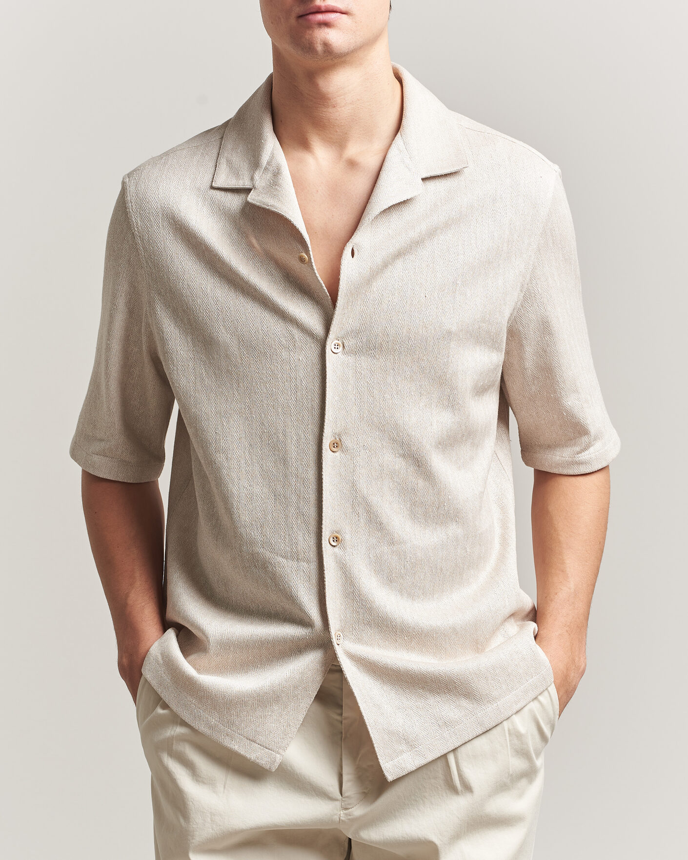 Mies | Kauluspaidat | Brunello Cucinelli | Linen Herringbone Camp Shirt Light Beige