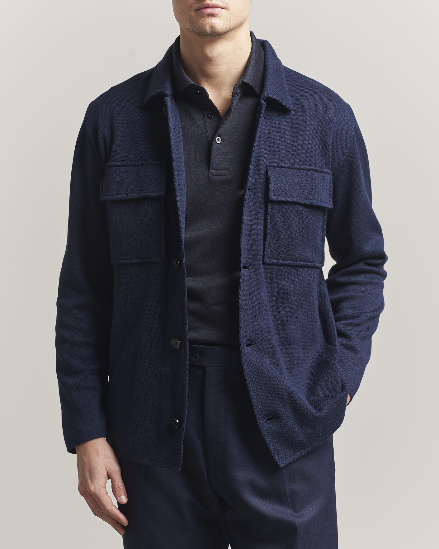 Mies | Takit | Lardini | Knitted Cotton Pocket Shirt Jacket Navy