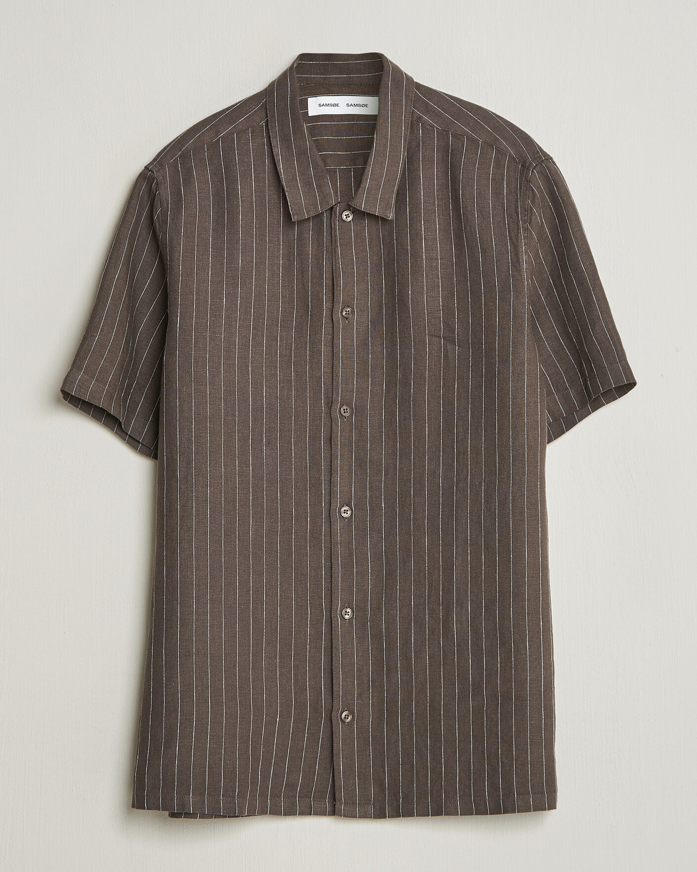 Mies | Kauluspaidat | Samsøe Samsøe | Avan Linen Striped Short Sleeve Shirt Black Olive