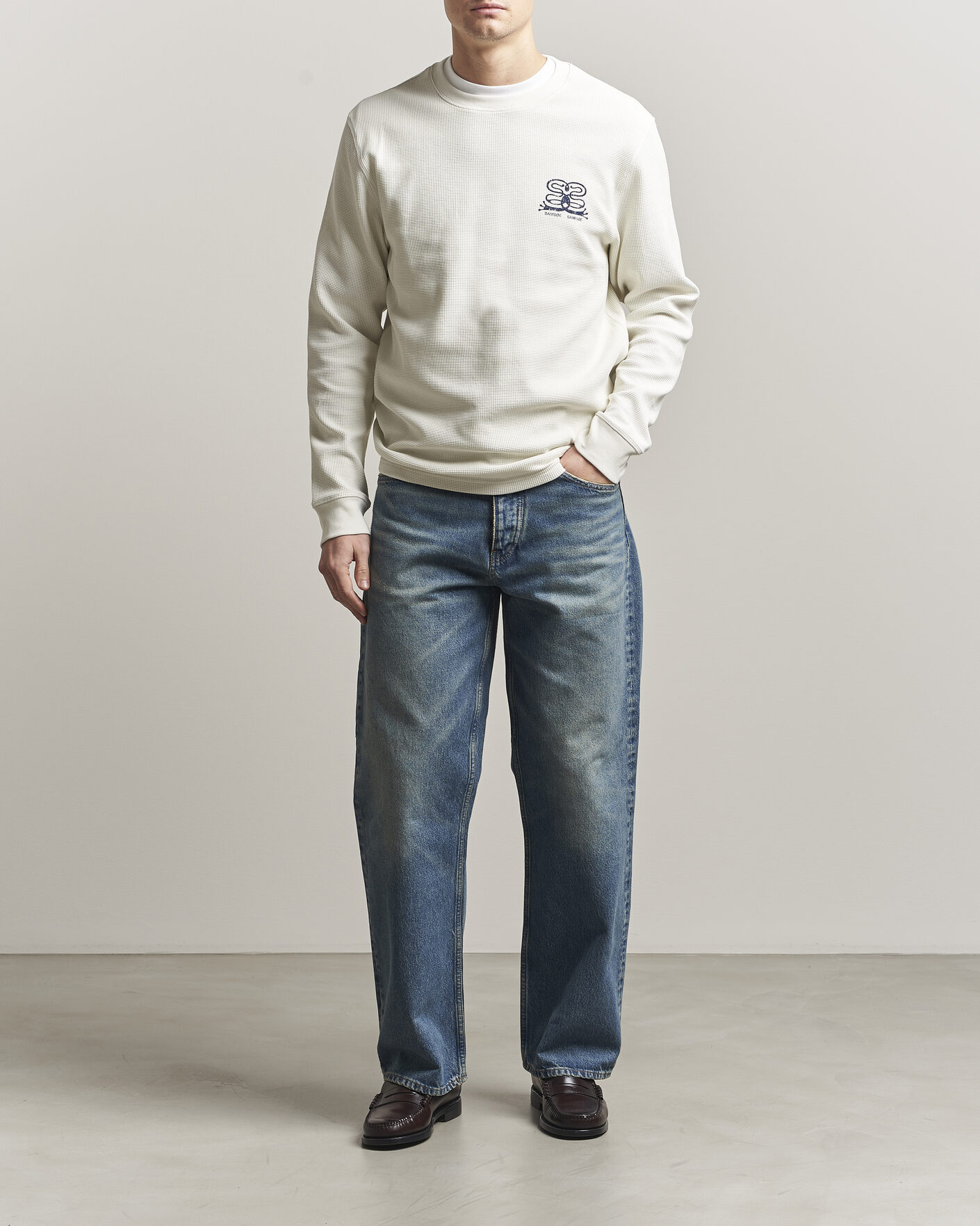 Mies | T-paidat | Samsøe Samsøe | Fellow Waffle Printed Long Sleeve T-Shirt Clear Cream