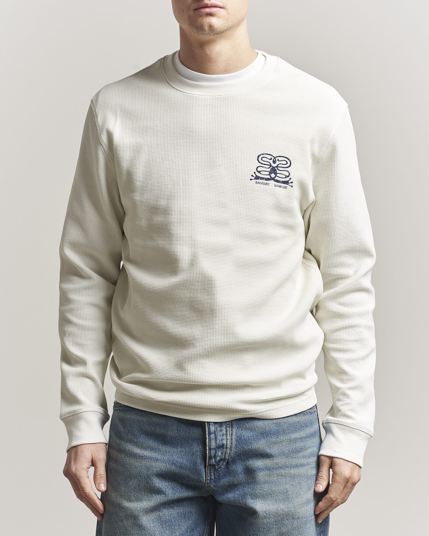 Mies | T-paidat | Samsøe Samsøe | Fellow Waffle Printed Long Sleeve T-Shirt Clear Cream