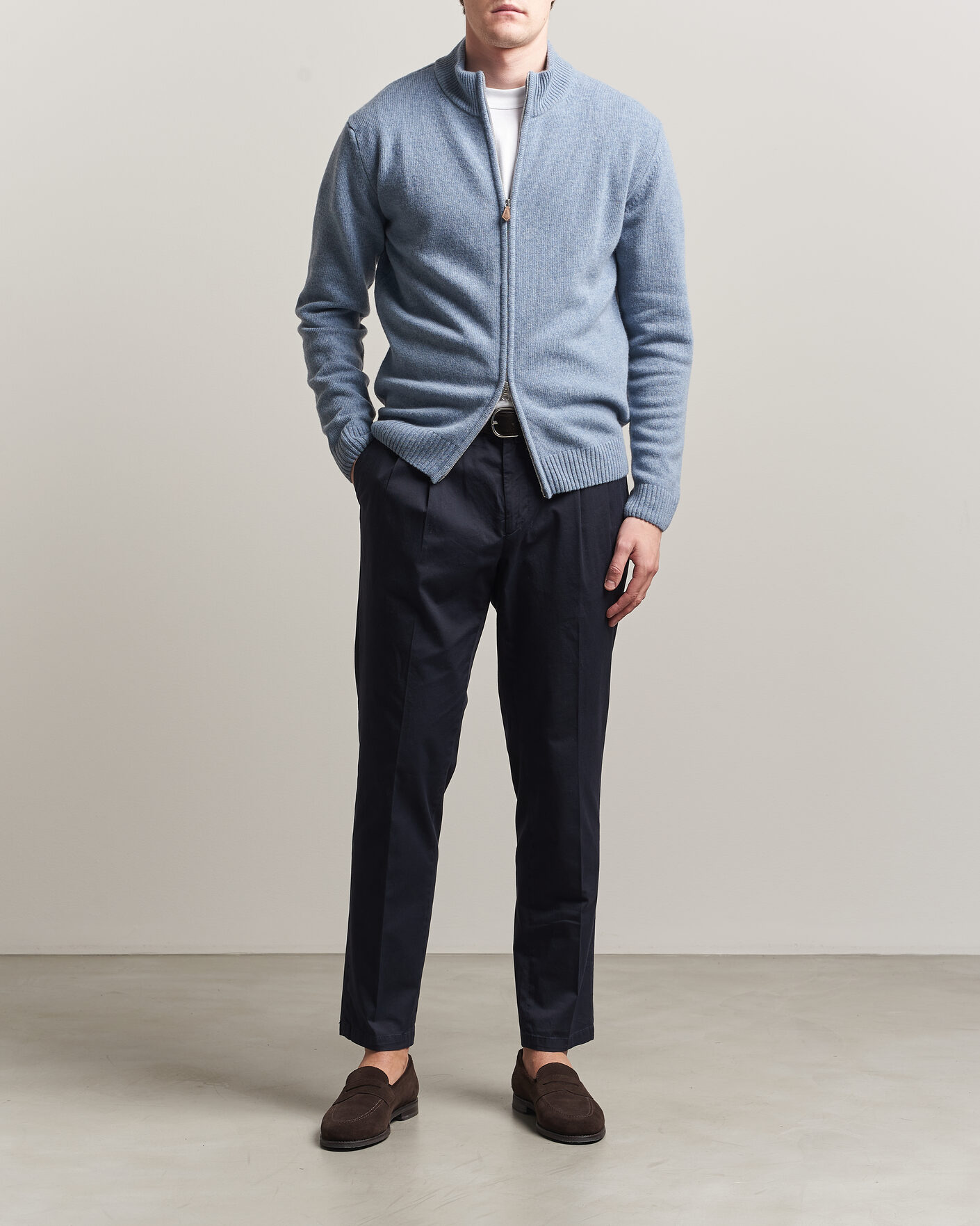 Mies | Puserot | Stenströms | Brushed Merino Full Zip Light Blue