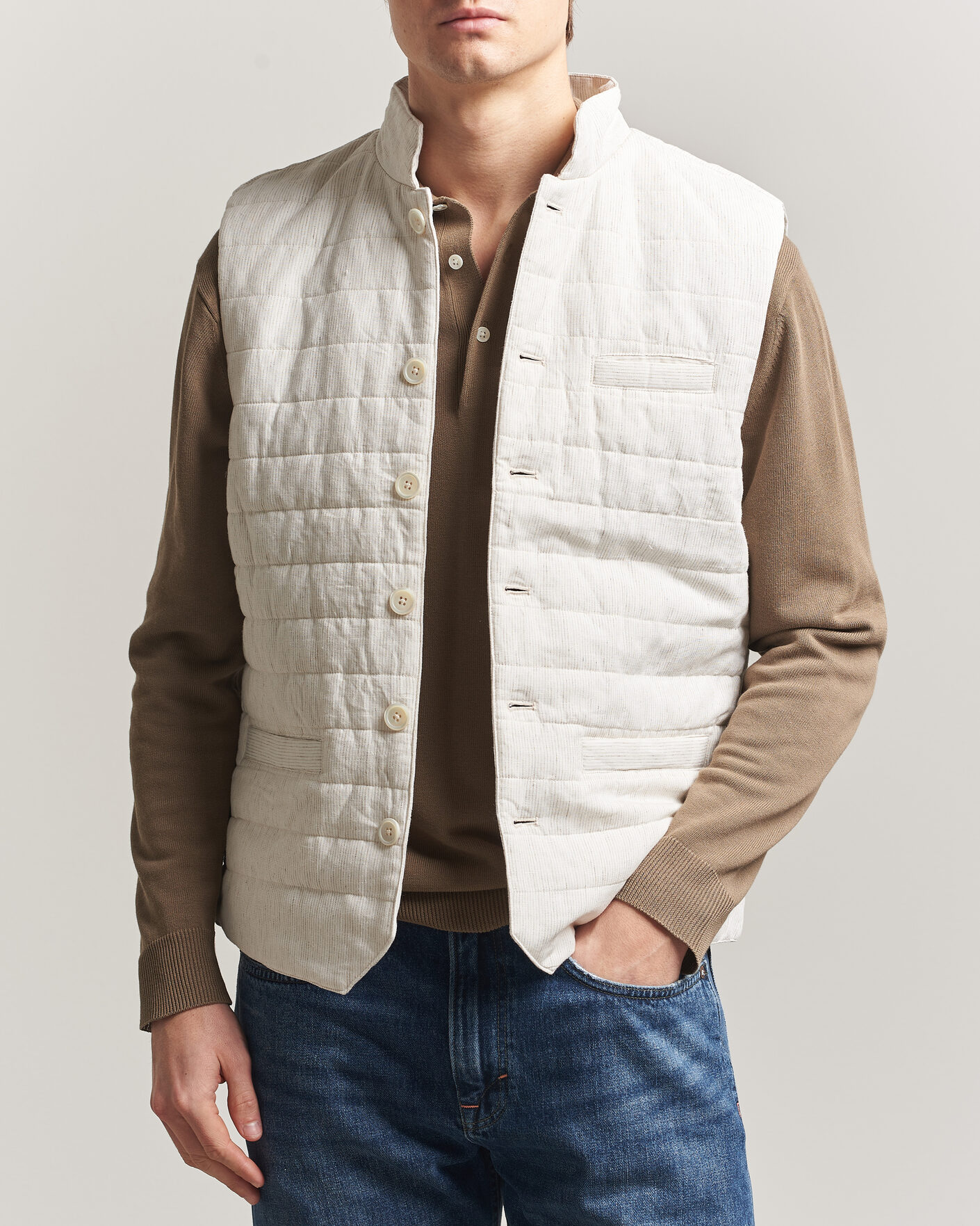 Mies | Ulkoliivit | Stenströms | Mid Layer Pin Stripe Linen Vest Off White